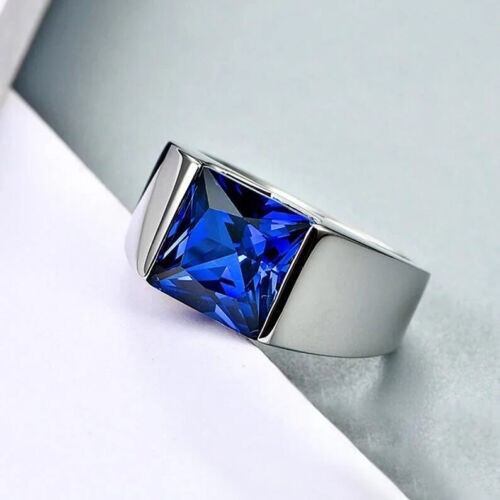 3Ct Princess Cut Blue Sapphire Men\'s Solitaire Engagement 925 Silver Gift Ring