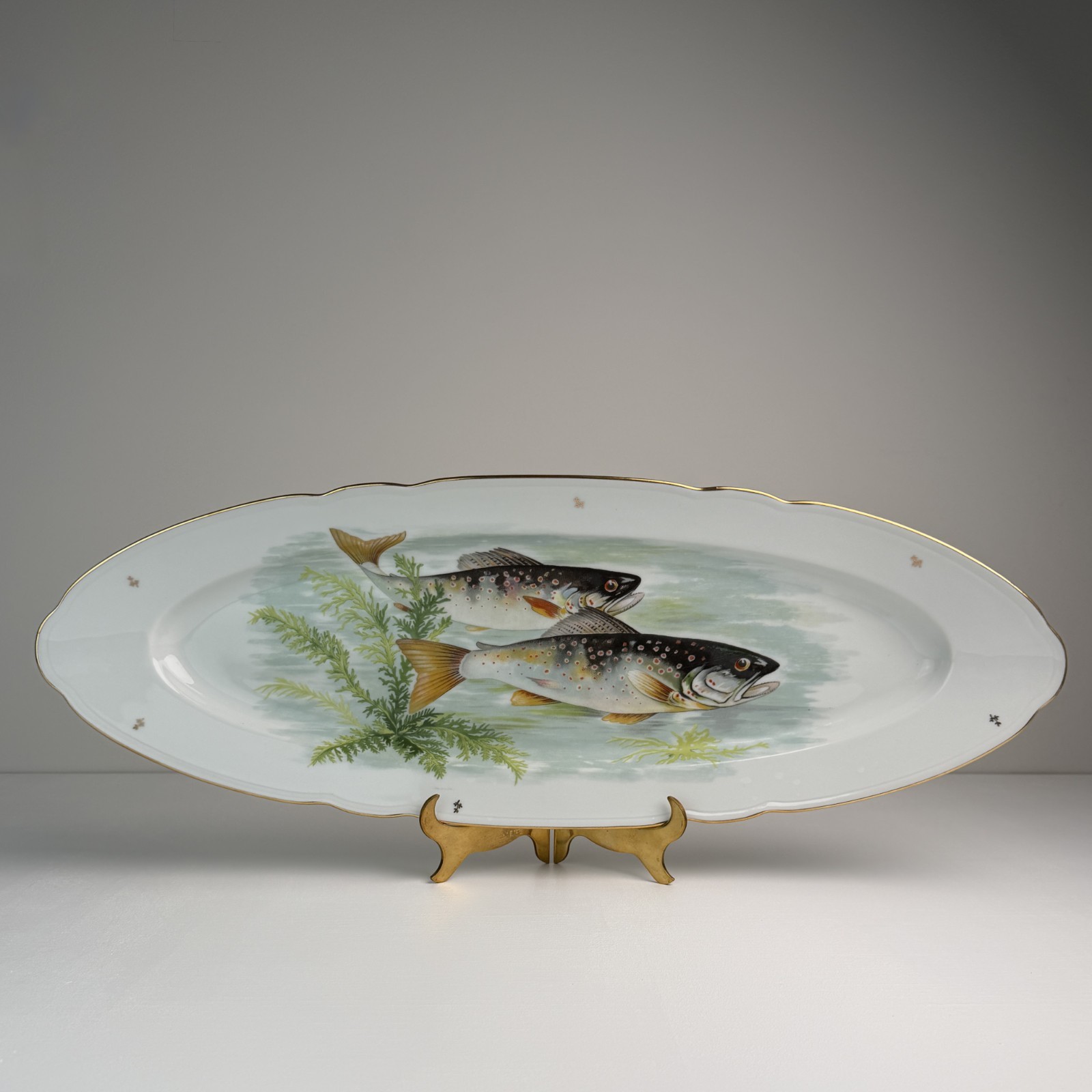 Large Porcelaines de Couleuvre France Fish Platter Trout Ligne Limouse 24” Gold 