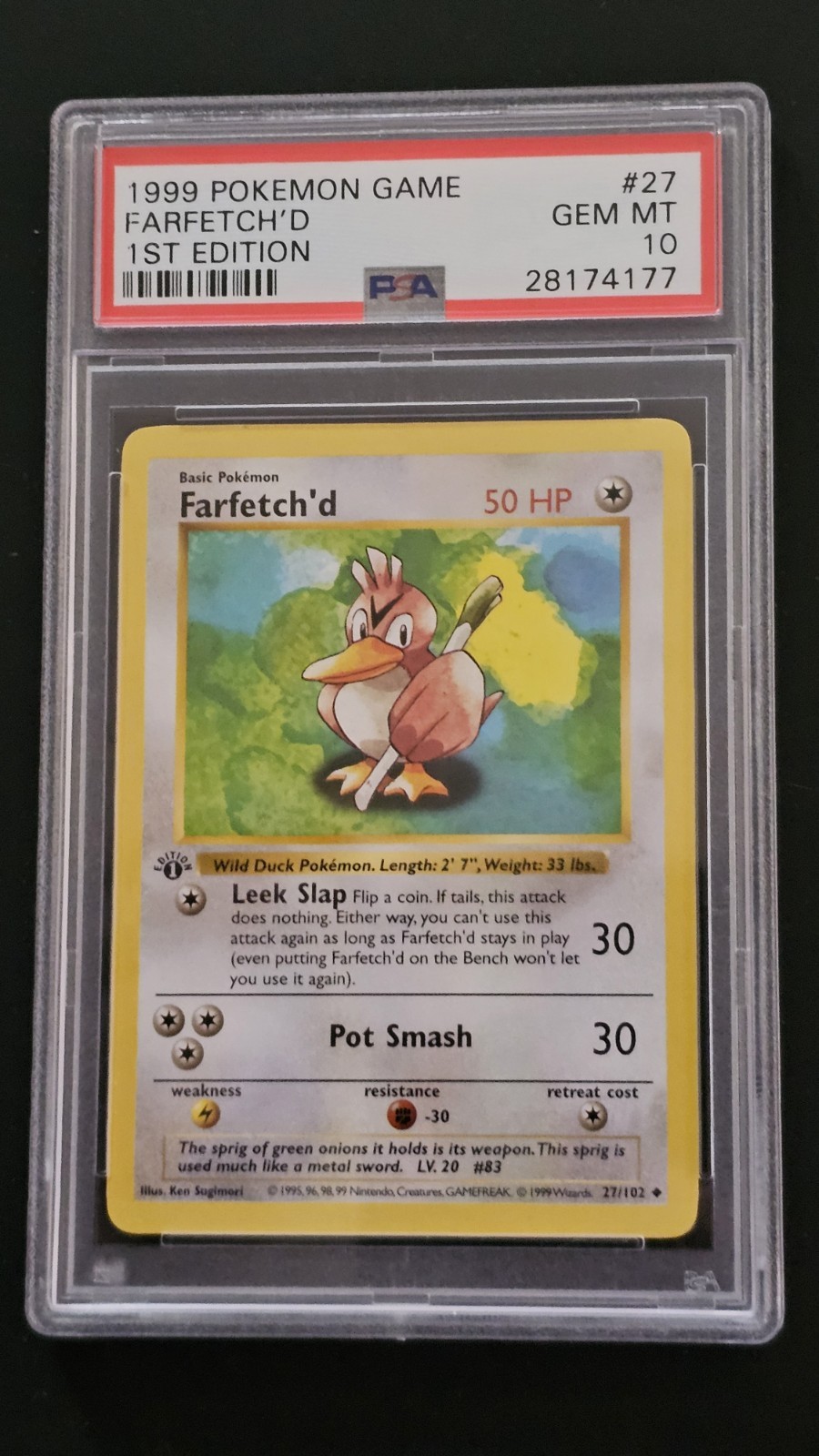 1999 POKEMON BASE SET 1ST EDITION #27 FARFETCH'D PSA 10