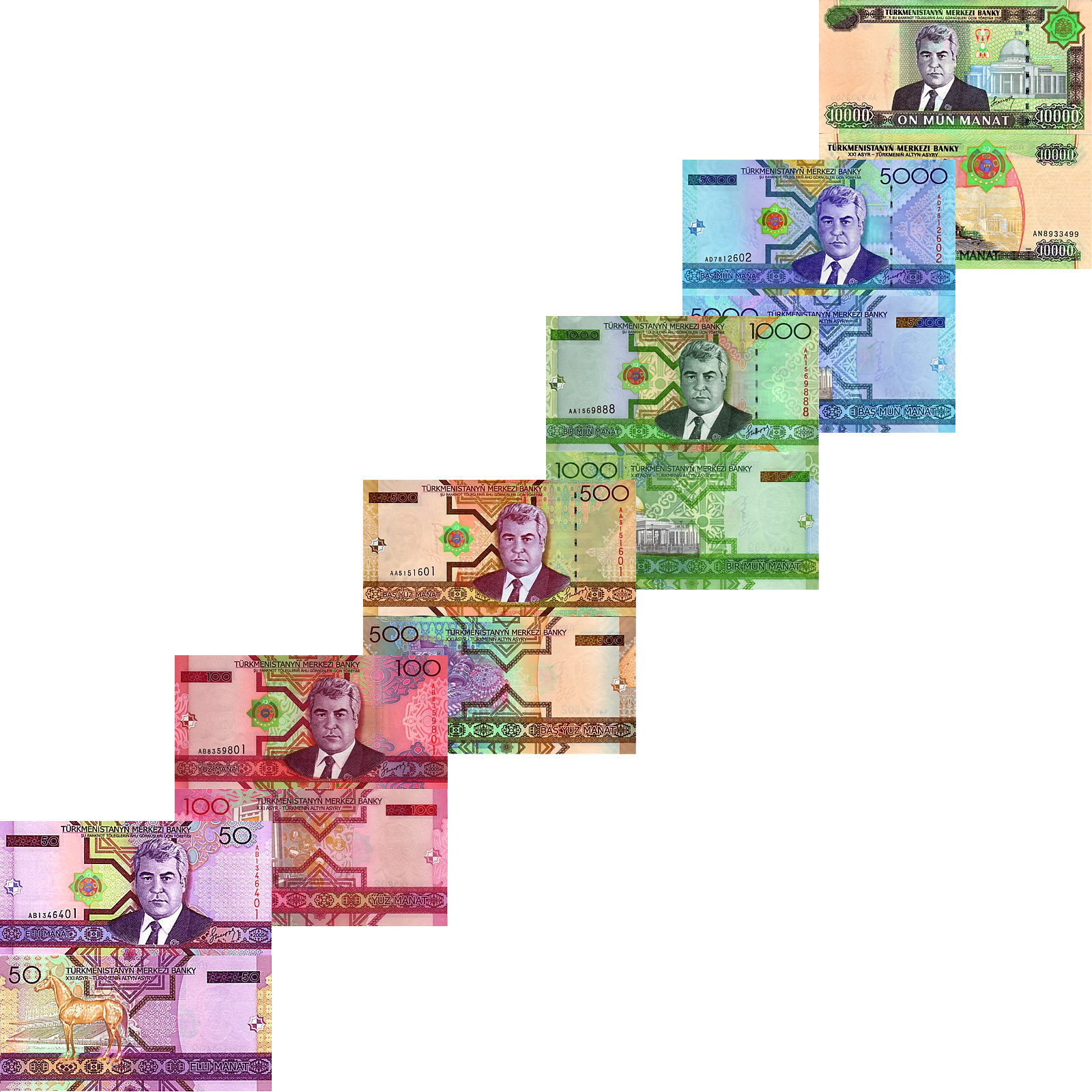TURKMENISTAN SET OF 6  PCS 50-10,000 0,000 MANAT P 16, 17, 18, 19, 20, 21 UNC