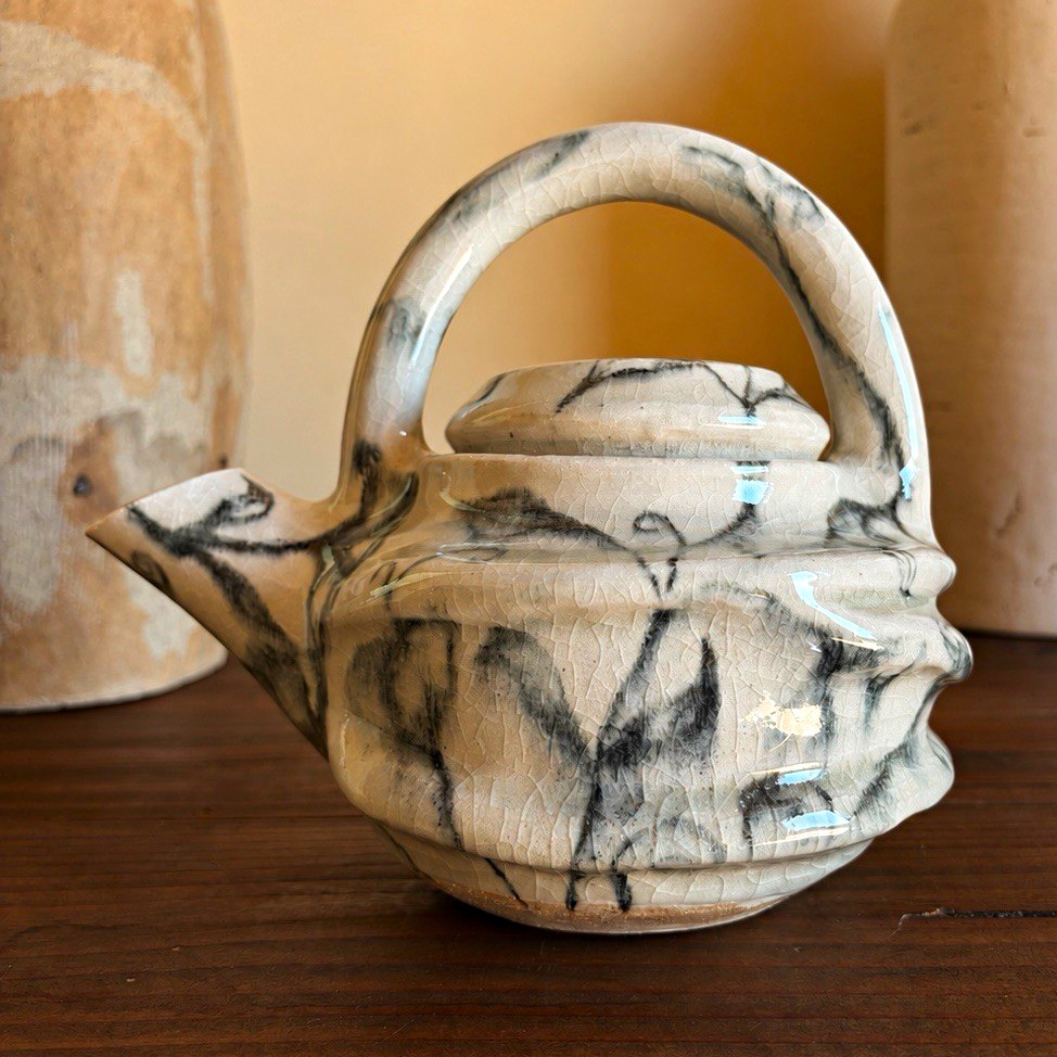 Vintage Studio Pottery Teapot Crackle Glaze Hand Painted Floral 1970s