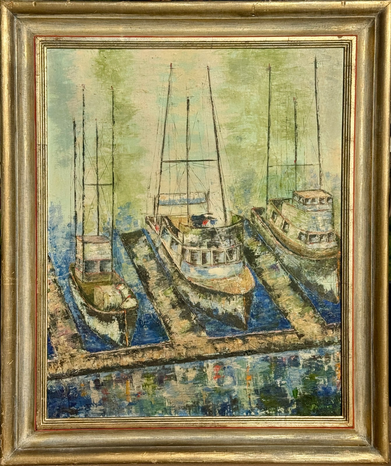 Large Mid-Century Modern Impasto Expressionist Harbor Boats Painting, Signed Oil