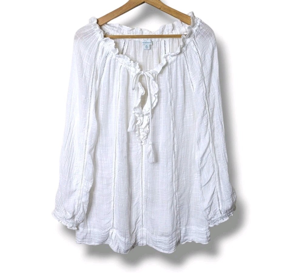 Sundance White Peasant Top XL Boho Gauzy Long Sleeve Wide Ruffle Neckline Sundance White Peasant Top XL Boho Gauzy Long Sleeve Wide Ruffle Neckline