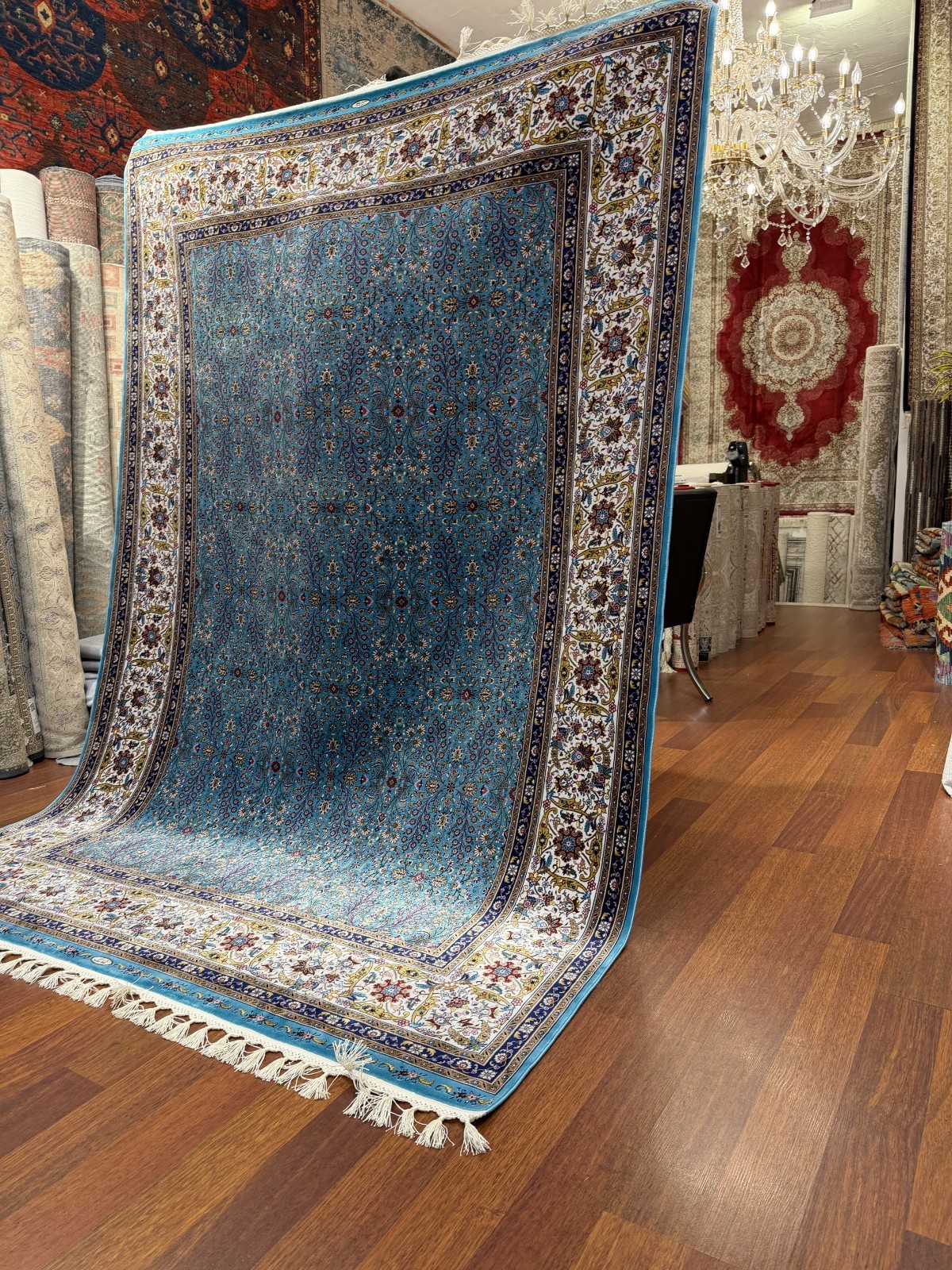 Blue Turkish Silk Rug 7x10 ft Fringed Oriental Carpet Luxury Design