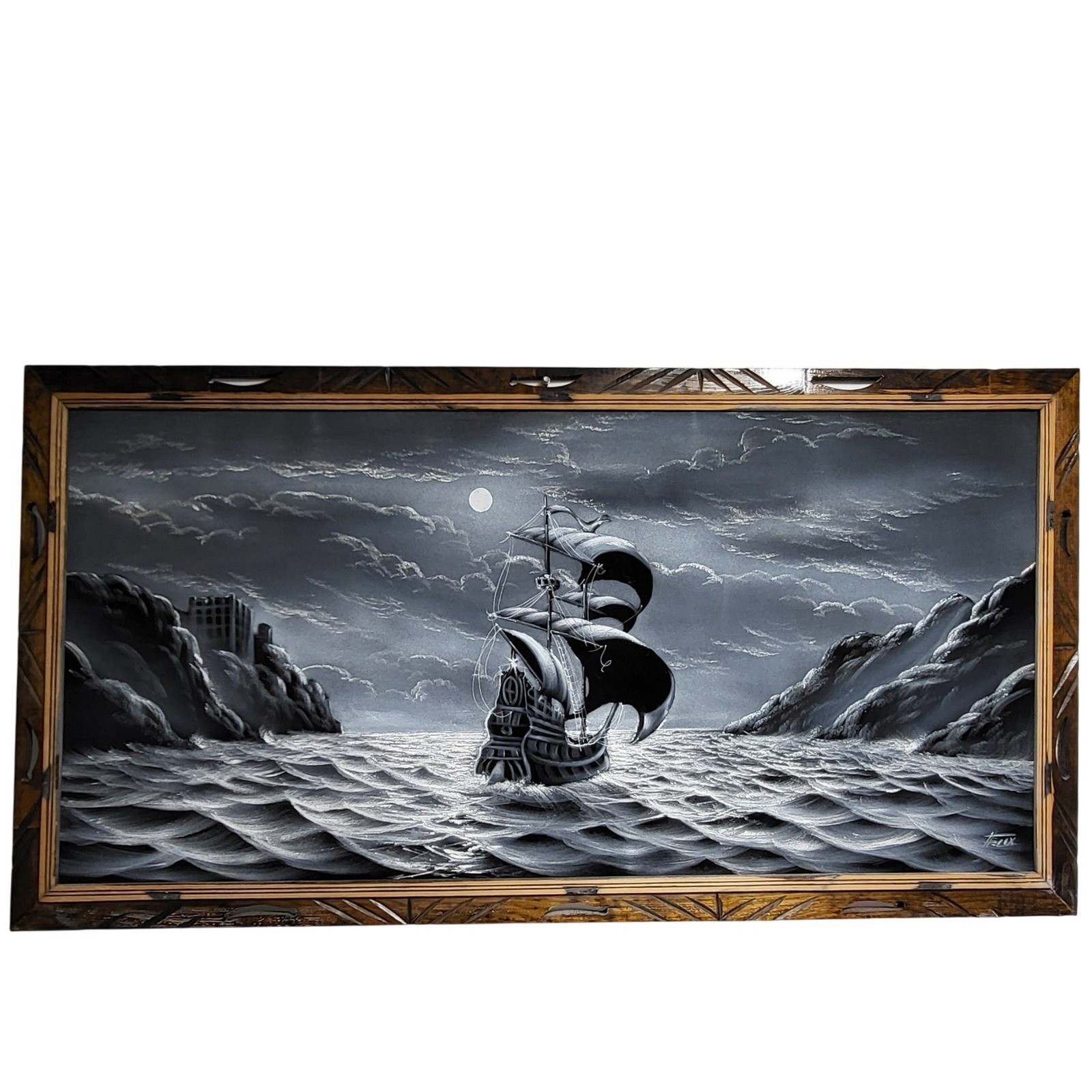 Vintage Felix Signed Black Velvet Pirate Ship Painting Mexico Carved Wood Frame