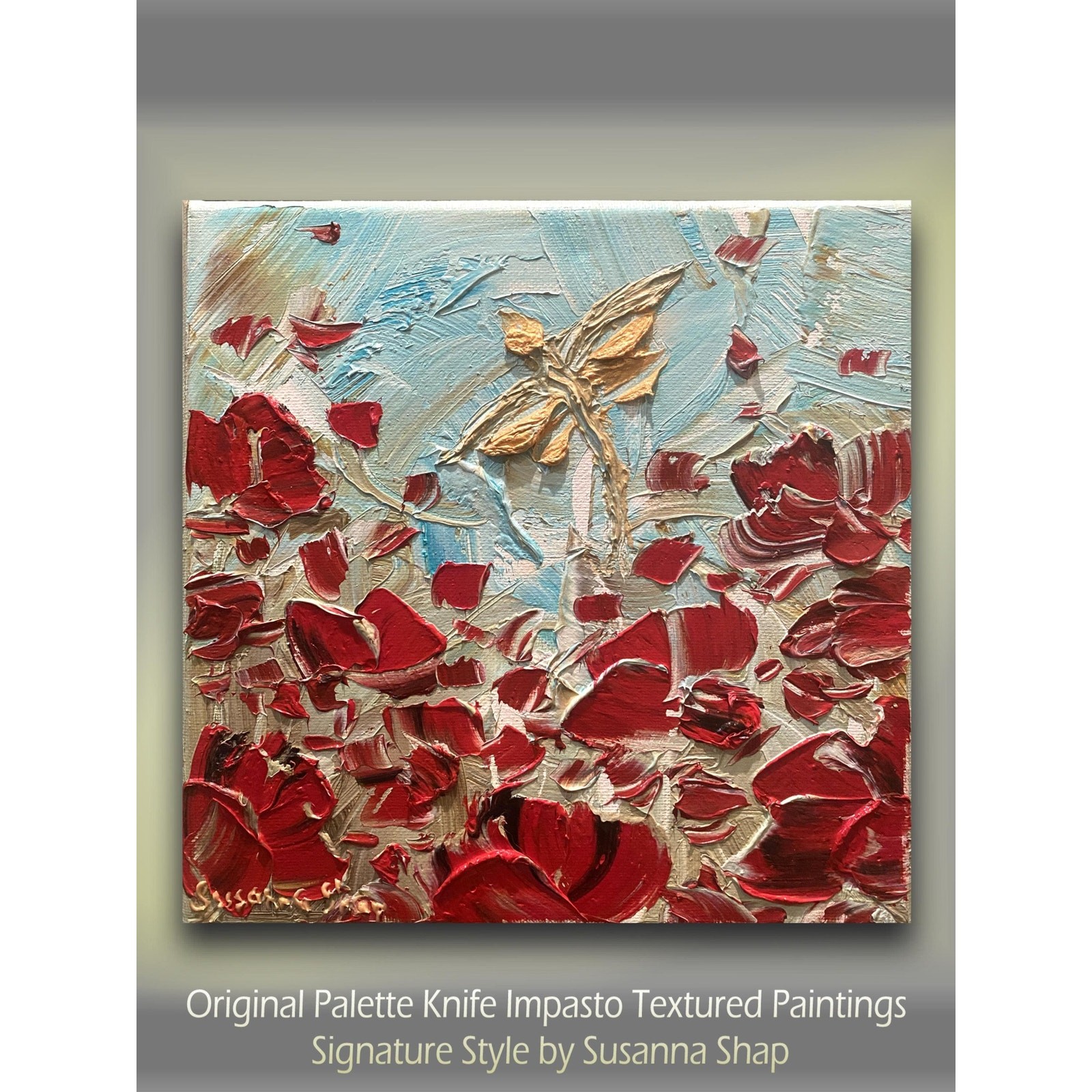 ORIGINAL small oil painting, dragonfly, red poppy landscape Textured art 8x8”