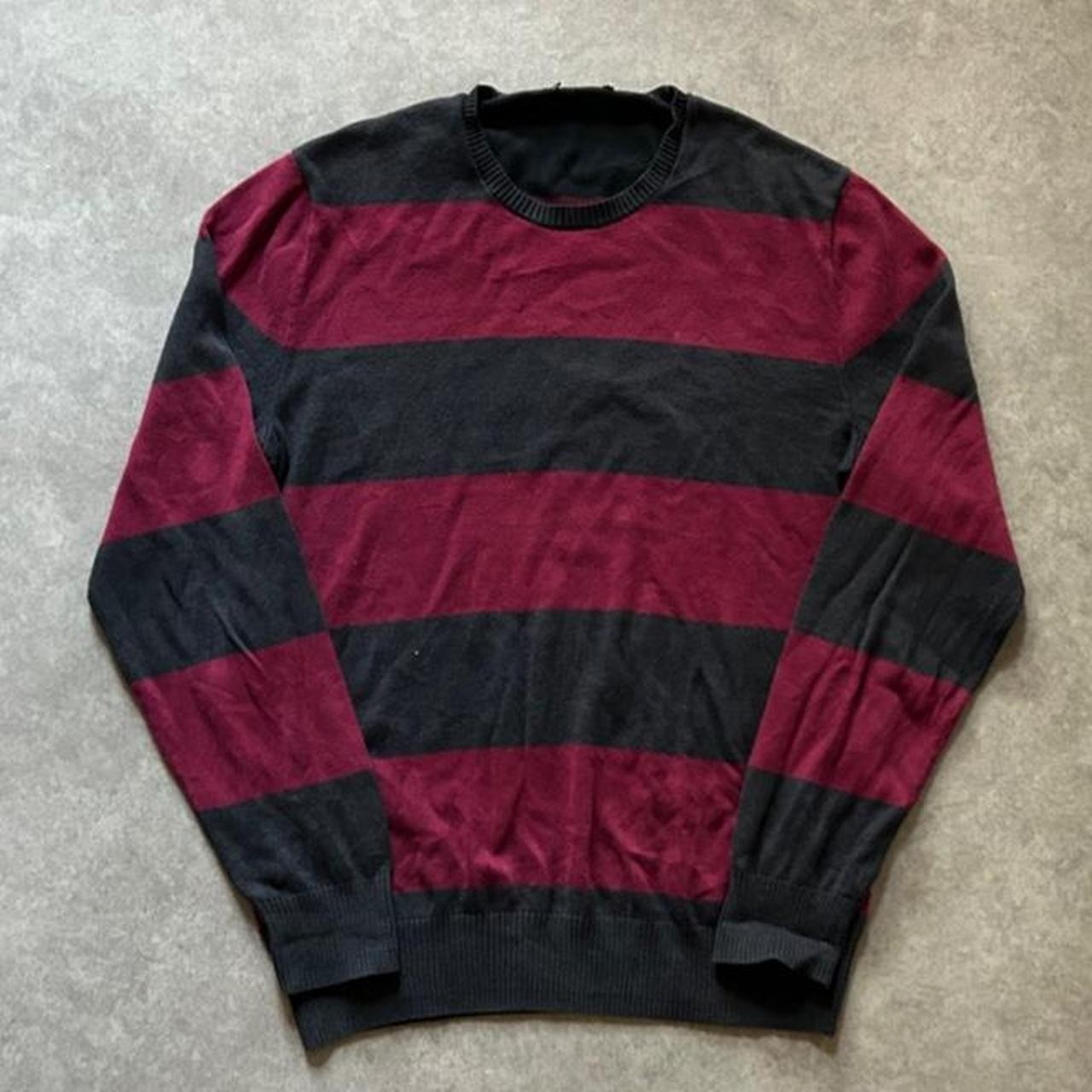 Vintage 2000s Y2K Black Burgundy Striped Crewneck Sweater Mens Small
