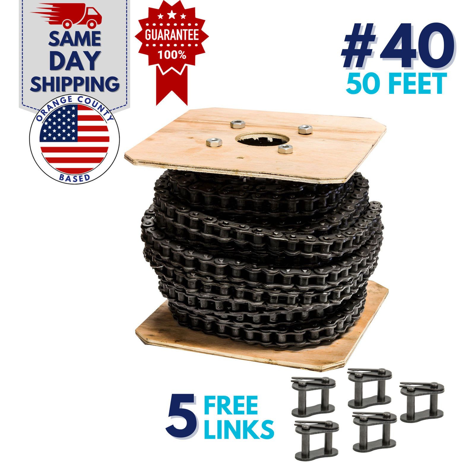 #40 Roller Chain 50 Feet with 5 Connecting Links