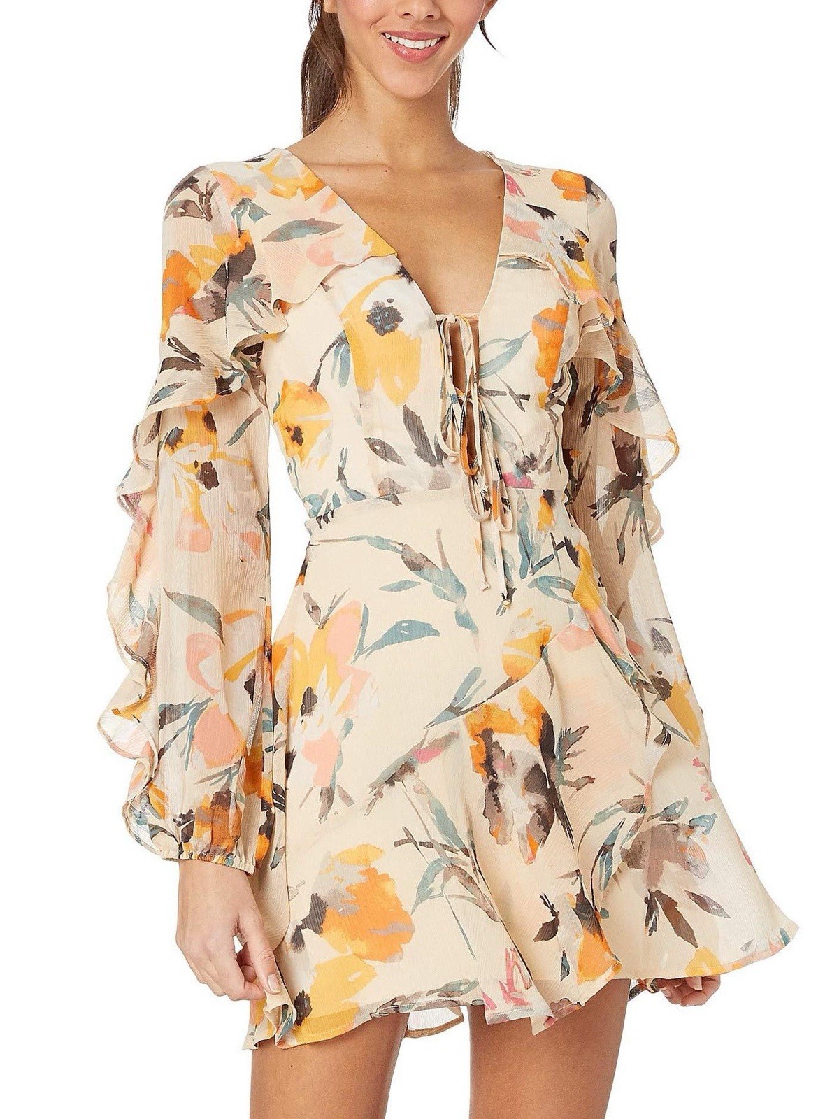BCBGMAXAZRIA Size 8 Cream Floral Ruffle Mini Dress New