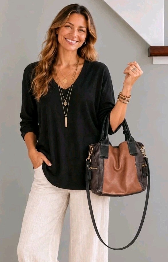 Fossil 1954 Brown Colorblock Leather Tote Shoulder Bag Convertible Crossbody