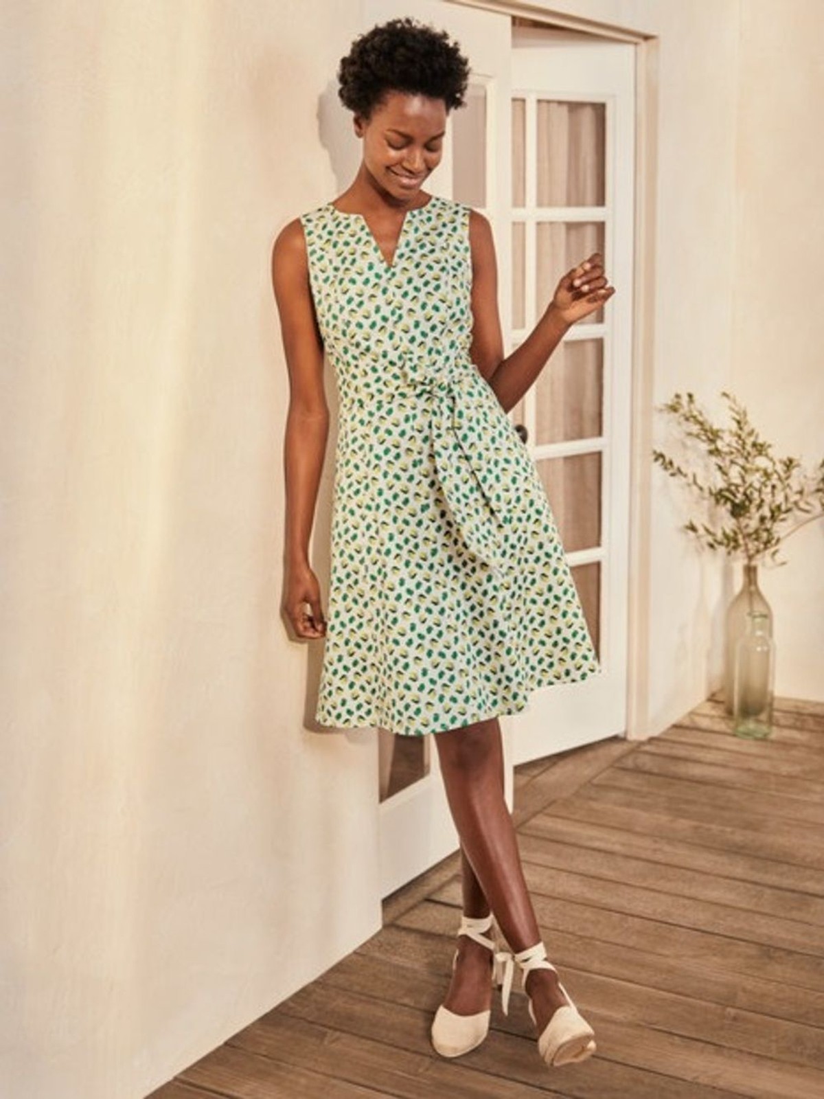 Boden Mischa Ivory, Citrus Fruit Cotton Belted Dress - Sz 16