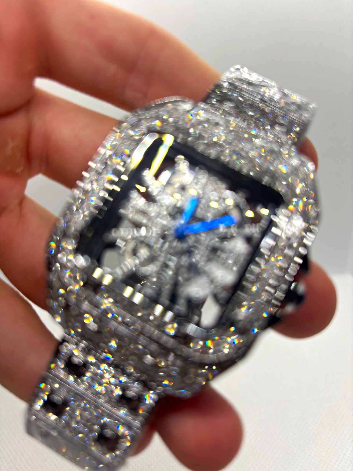 Iced Out Silver Tone Square Skeleton Dial Analog Wristwatch Metal Bracelet Iced Out Silver Tone Square Skeleton Dial Analog Wristwatch Metal Bracelet