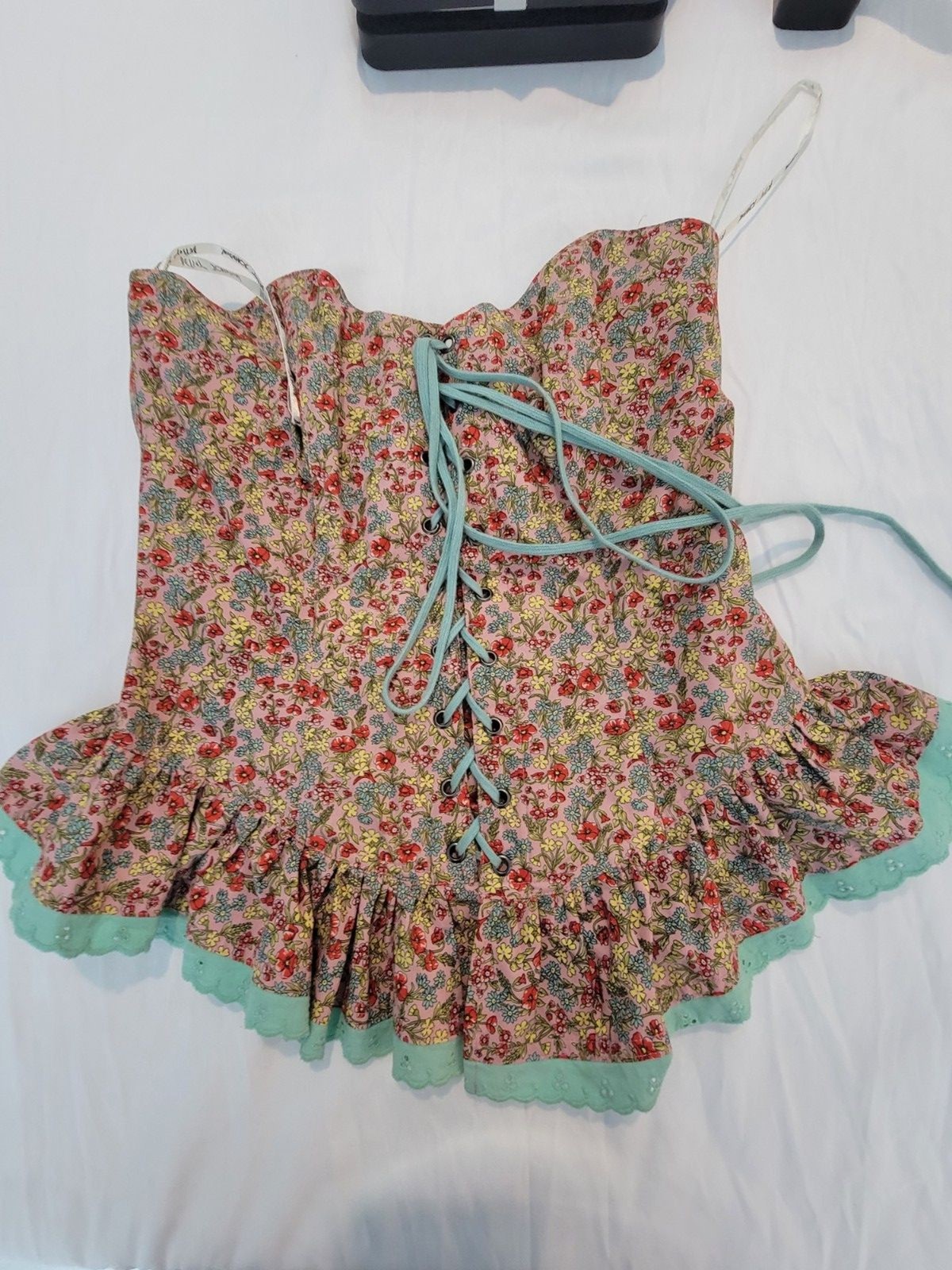 Vtg Betsey Johnson Ditsy Floral Corset Top Lace Up Peplum Y2K Coquette Size 10