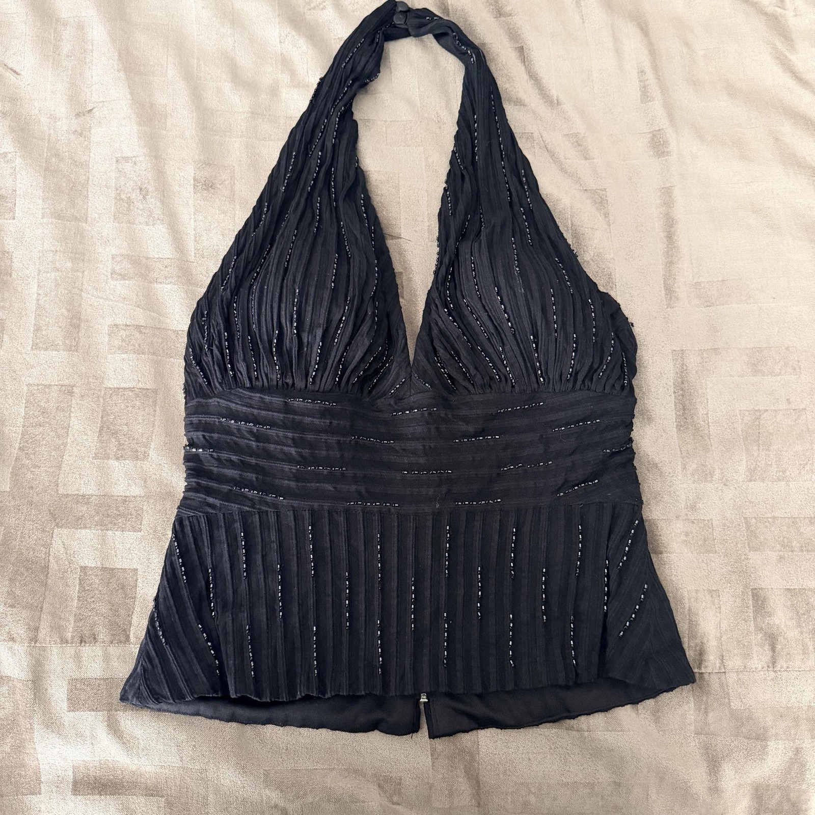 VTG Y2K Cache Tank Top Womens 8 Black Beaded Halter Camisole Chiffon Lined Party