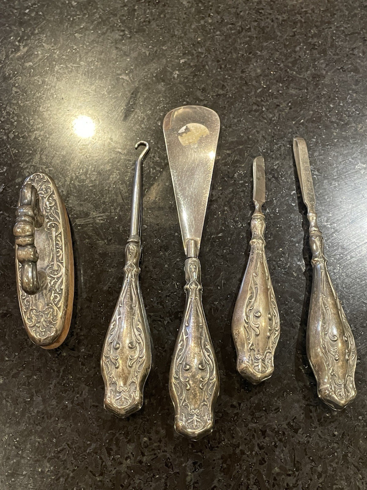 Antique E&J Bass Sterling Silver Handles Vanity Items Buffer Button Hook Etc