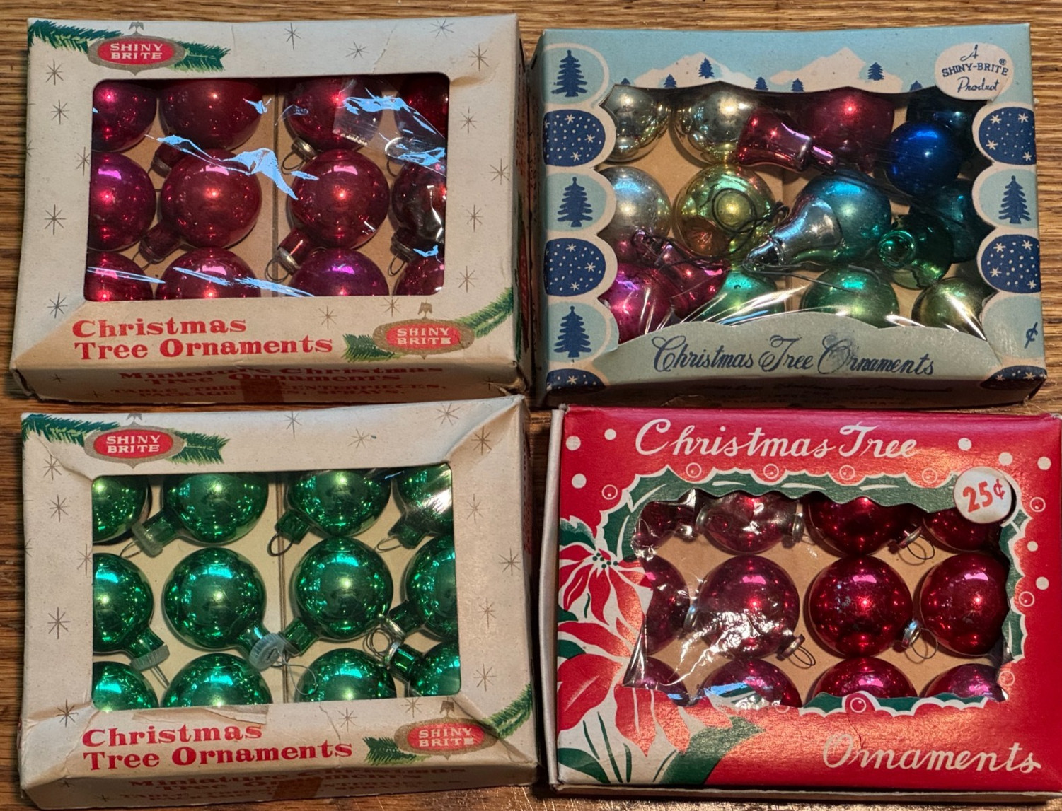 VINTAGE SHINY BRITE MINIATURE GLASS CHRISTMAS TREE ORNAMENTS JAPAN 4-BOXES