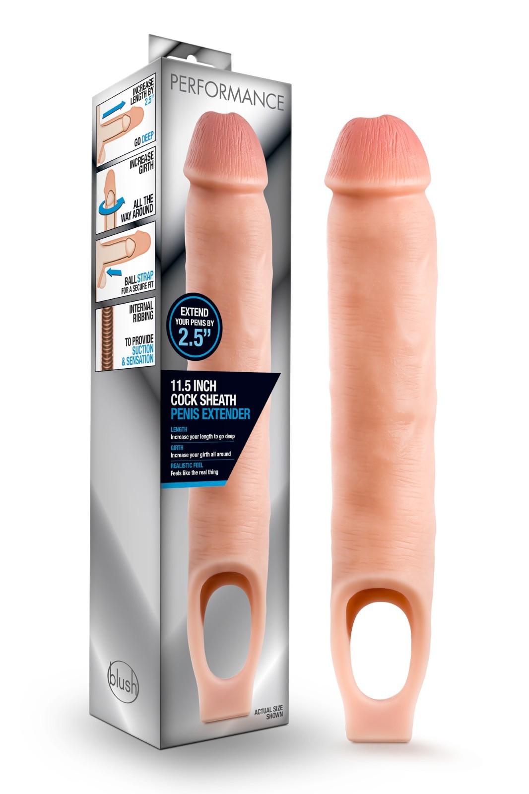 Blush Performance 11.5\'\' Soft Silicone Ribbed Sheath Penis Extender Sex Toy