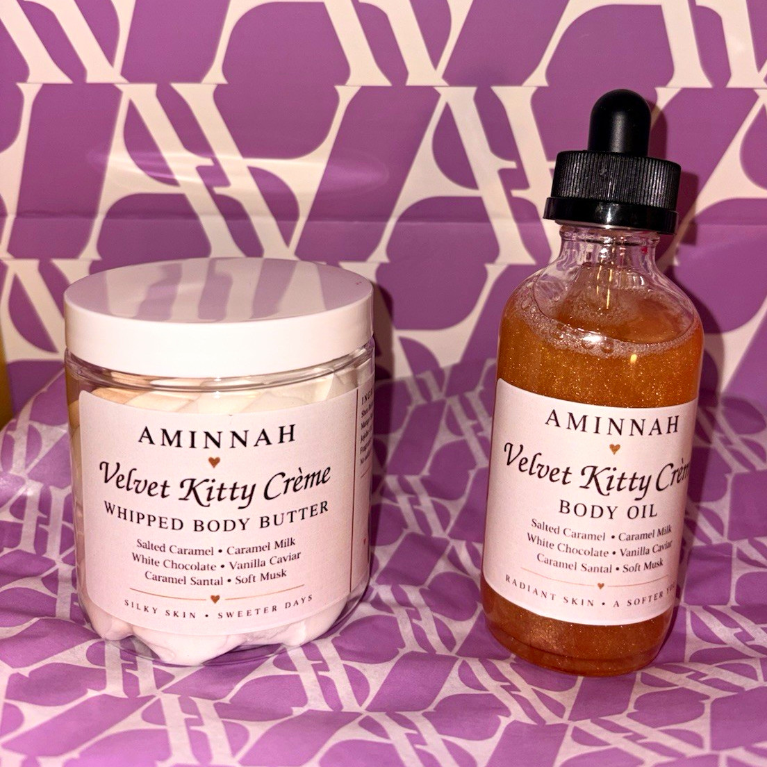 AMINNAH Velvet Kitty Creme Whipped Body Butter & Oil Set Salted Caramel Shea