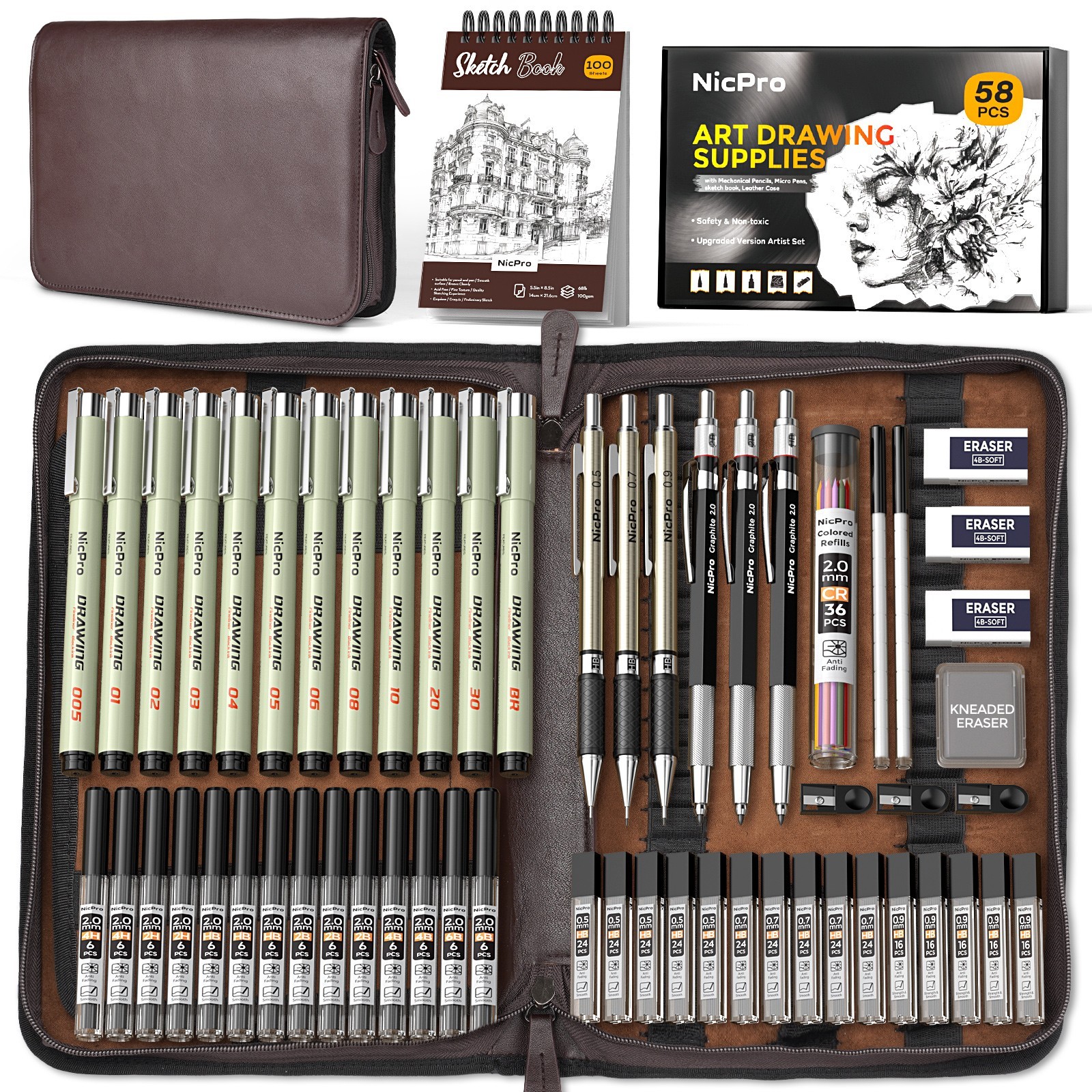Nicpro 58PCS Metal Pencil Set in Leather Case: 0.5-2mm + 12 Pens + Sketch Book + Nicpro 58PCS Metal Pencil Set in Leather Case: 0.5-2mm + 12 Pens + Sketch Book +