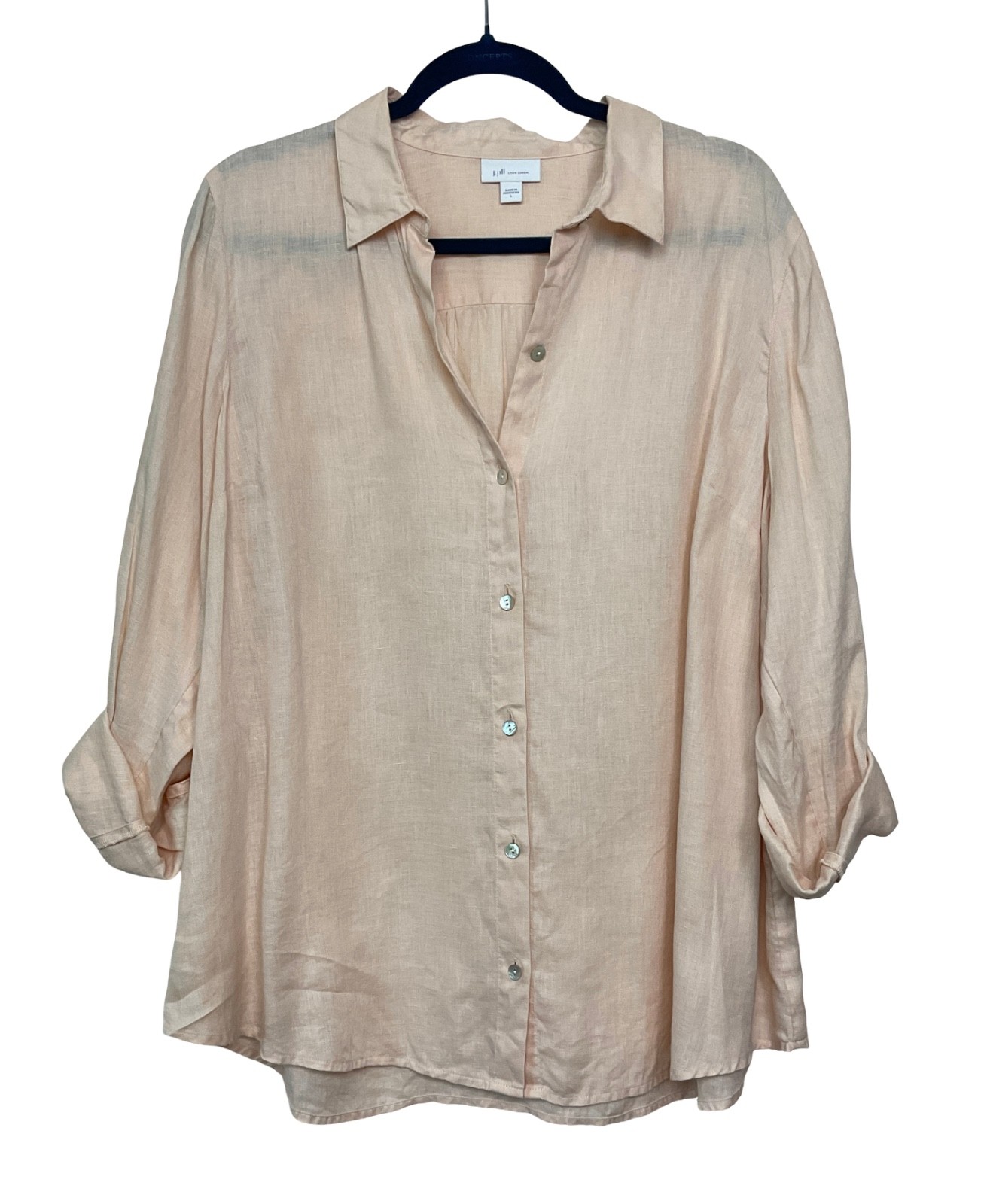J. Jill Love Linen 100% Linen Button Front Roll Tab Sleeve Shirt Pink L
