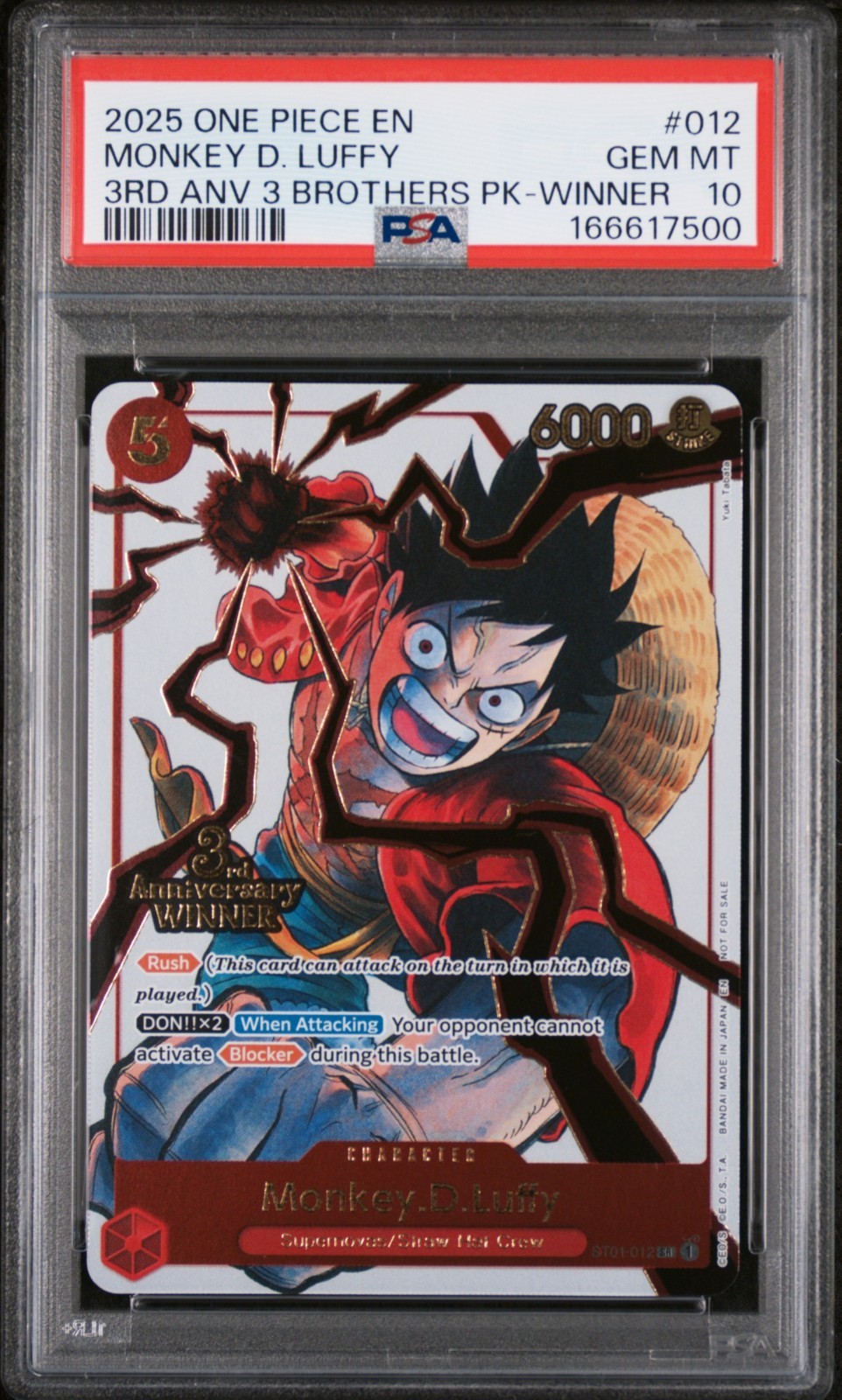 One Piece Graded: Monkey. D. Luffy ST01-012 3rd Anniversary Winner Foil PSA 10