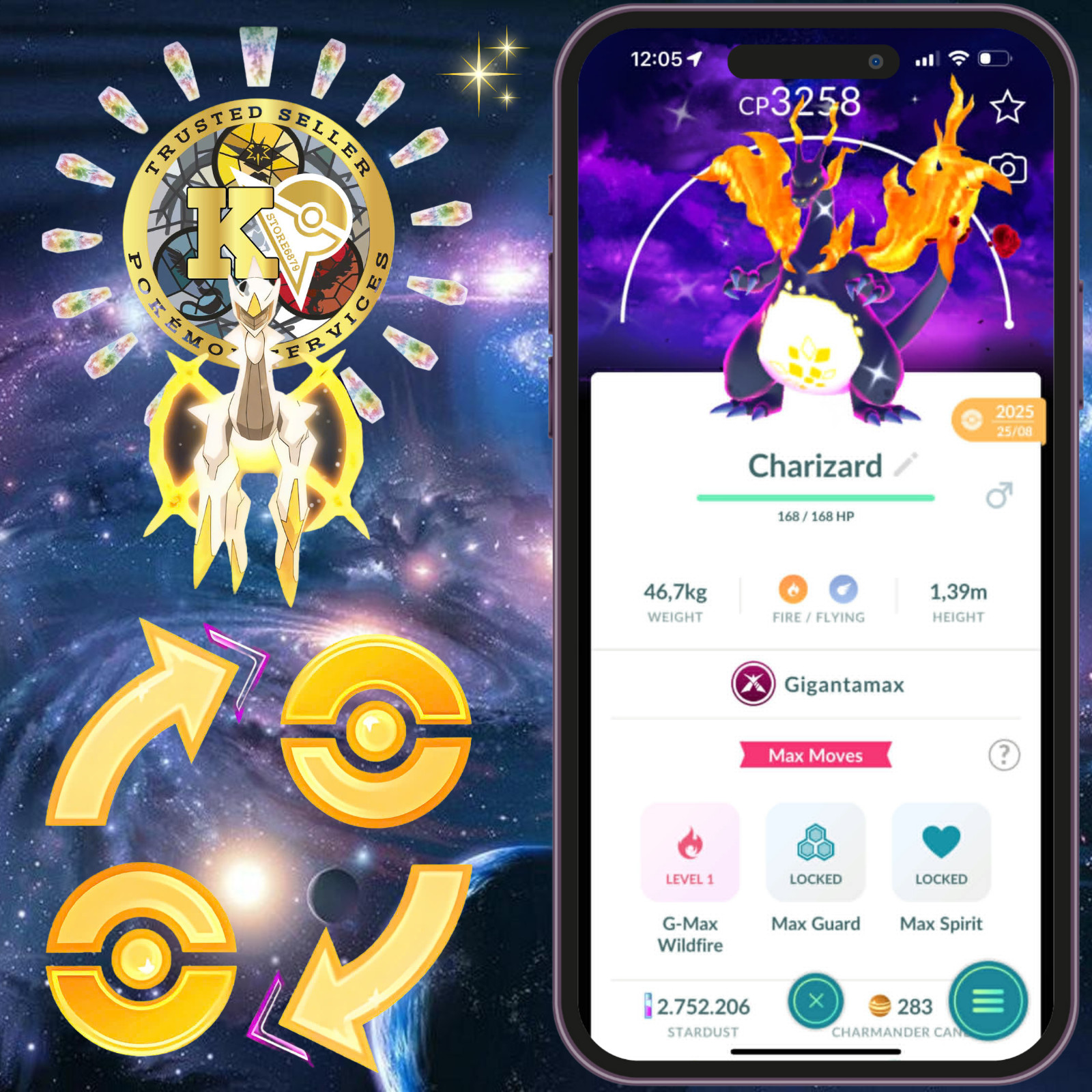Pokémon TRADE— Shiny Gigantamax Charizard —Level50—Dark Skies Background—Digital