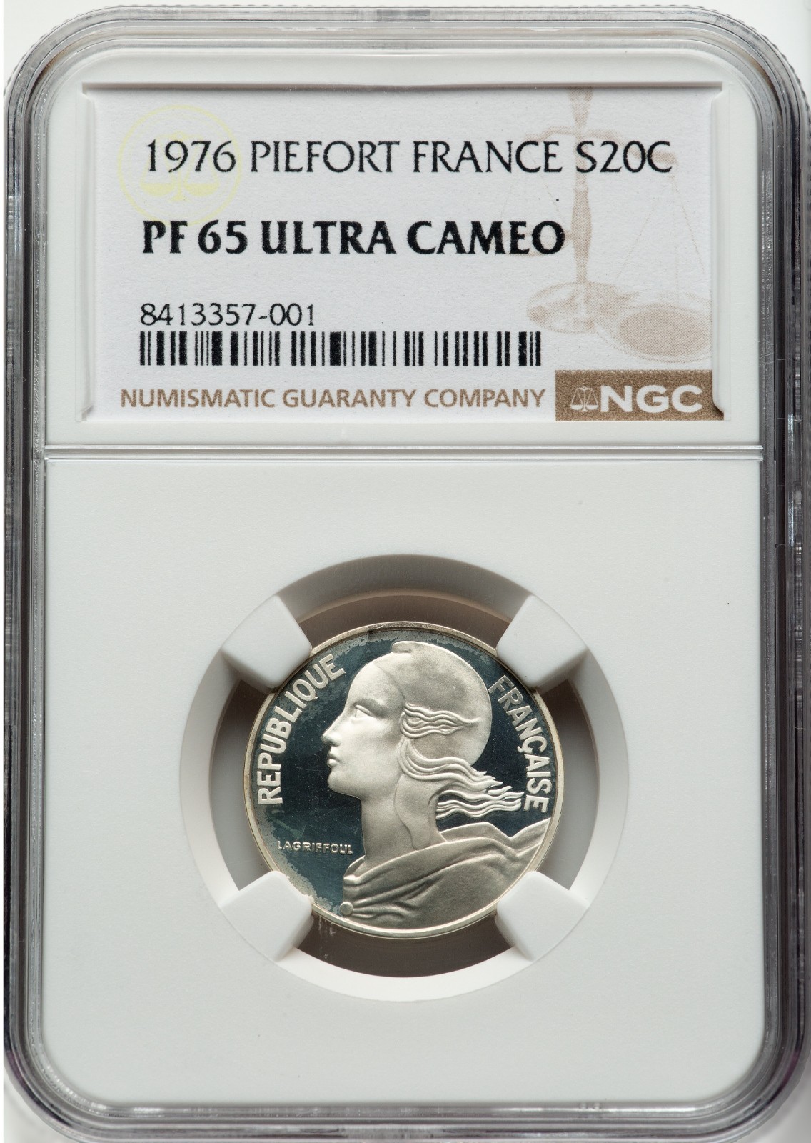 France Republic silver Proof Piefort 20 Centimes 1976 PF65 Ultra Cameo Piedfort