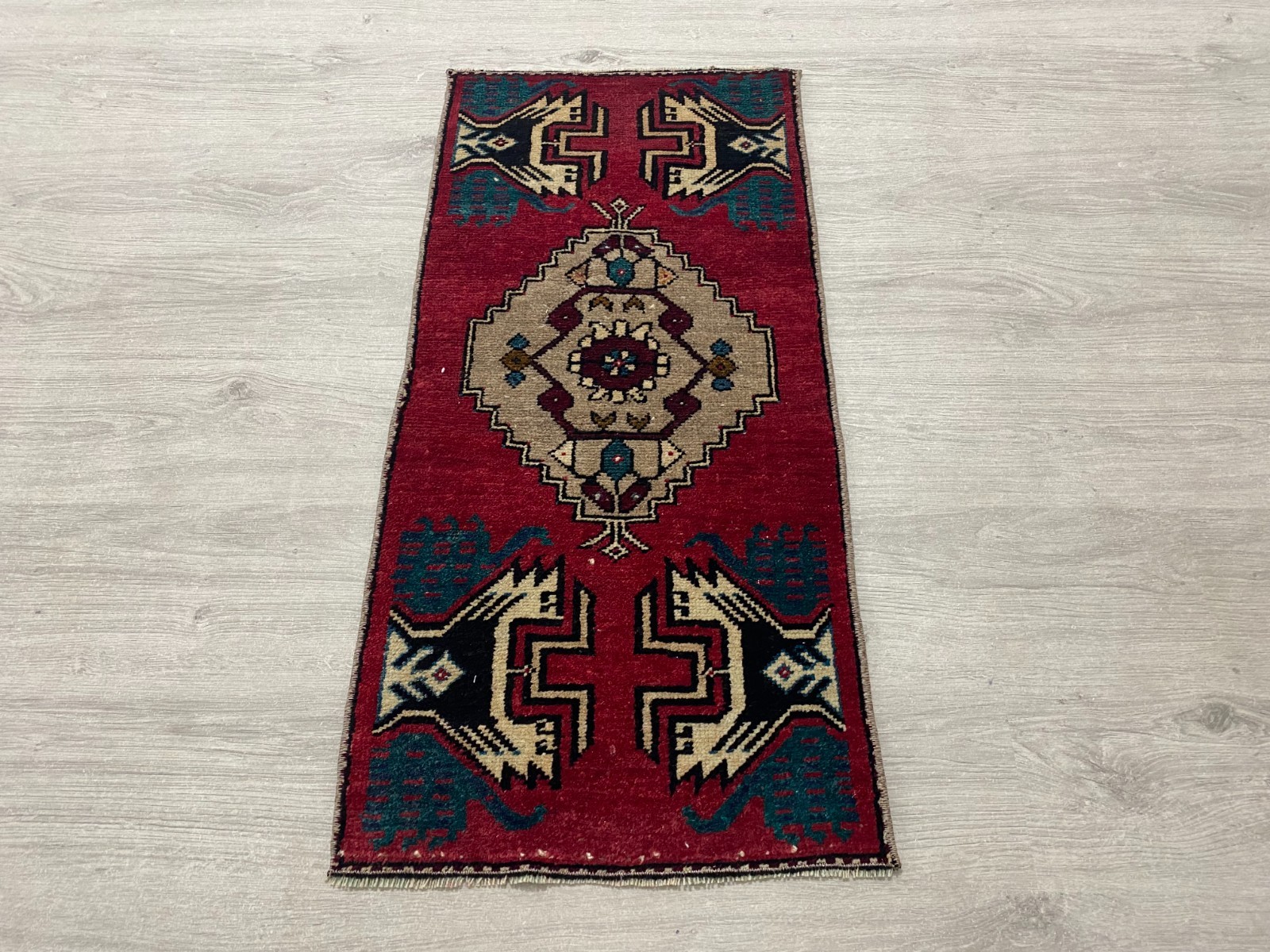 Vintage Turkish Hand Knotted Wool Small Runner Rug 1.4x3 Ft Red Blue Oushak Rug