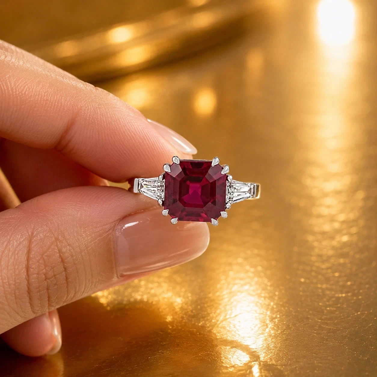 2.60 Ct Asscher Cut Natural Ruby & Diamond Wedding Ring 14K  White Gold
