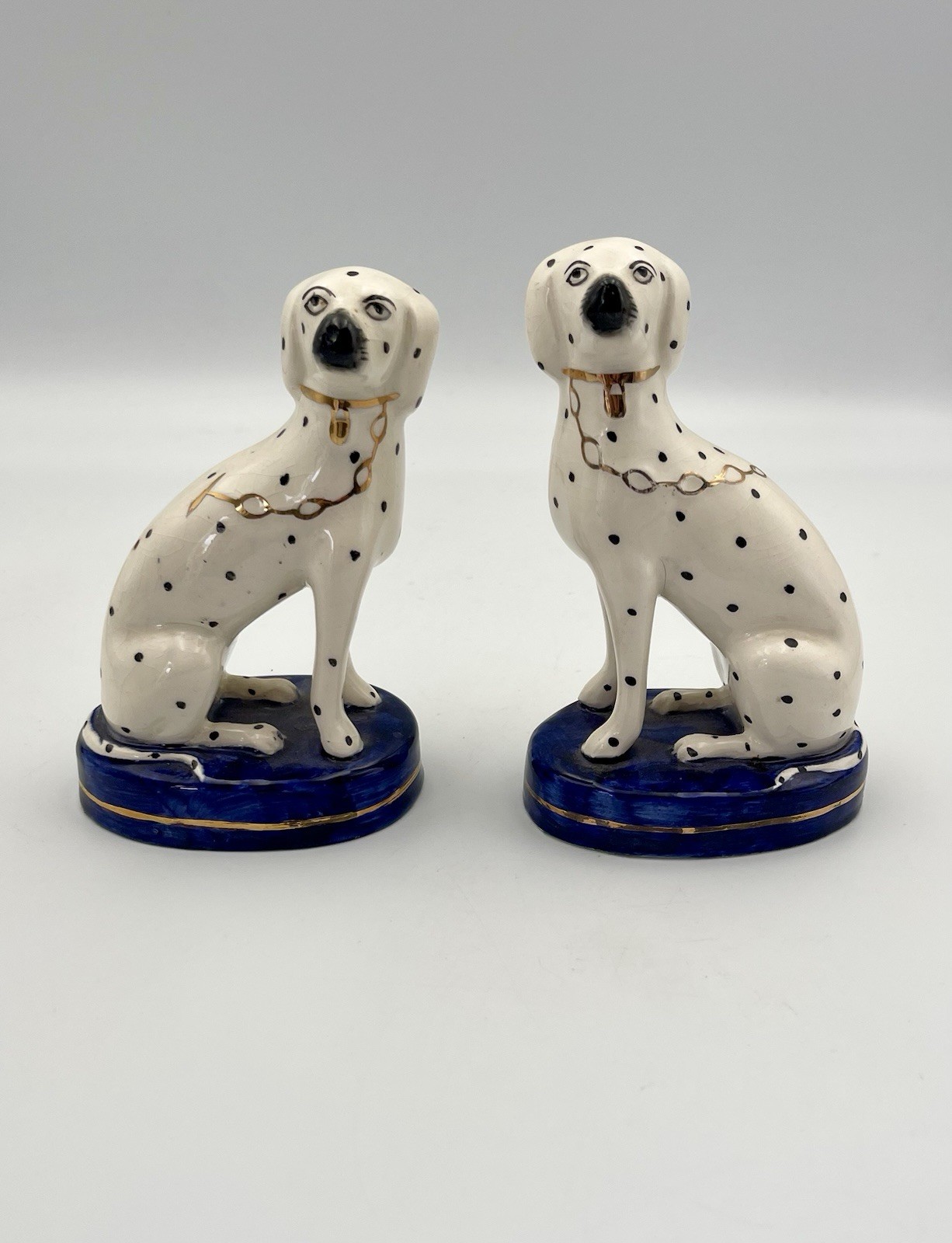 Vintage Staffordshire Ware England Dalmatian Dogs Pair Cobalt Blue Gold 5.5”