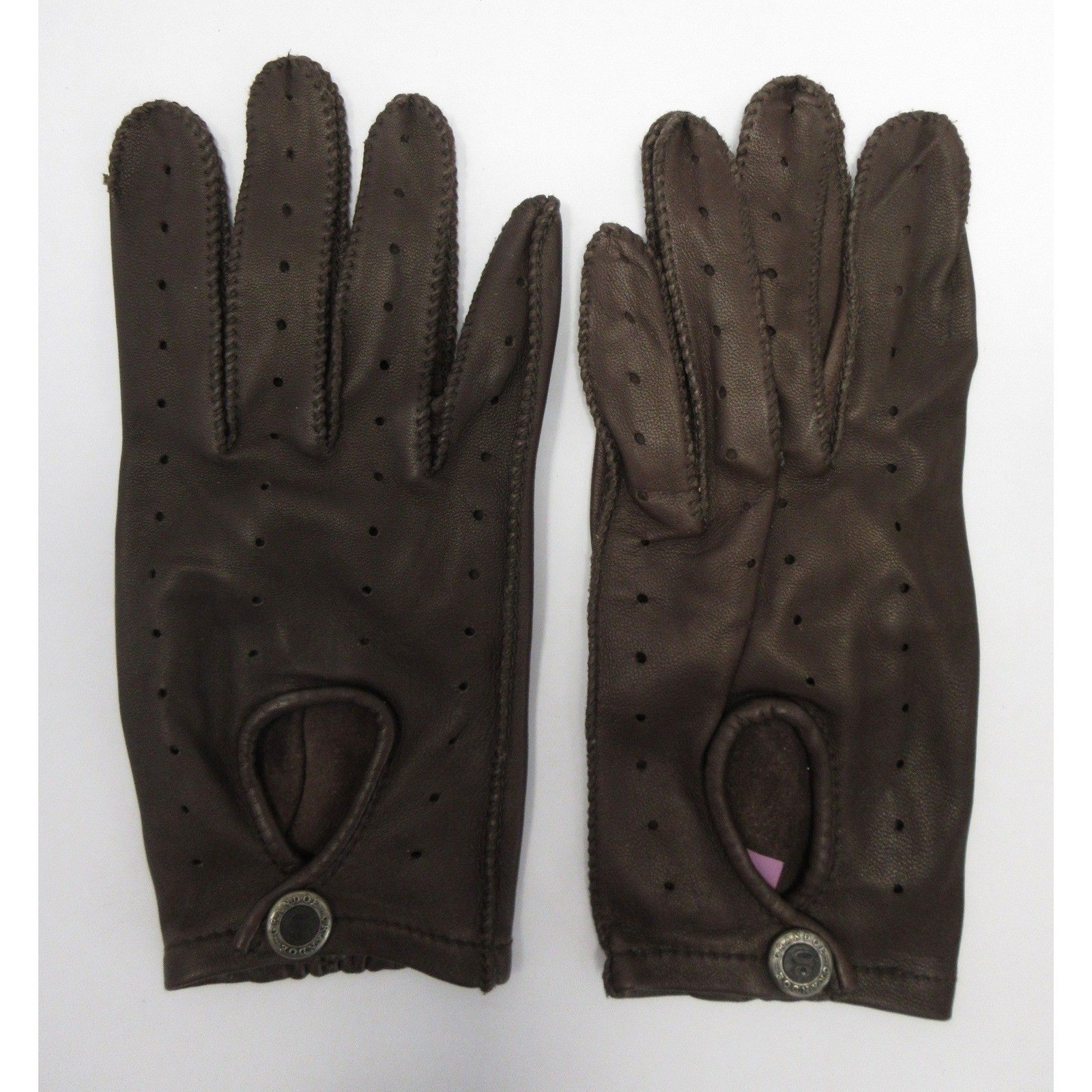 VINTAGE Grandoe Driving Gloves Women Large Brown Leather Perforated Snap Closure