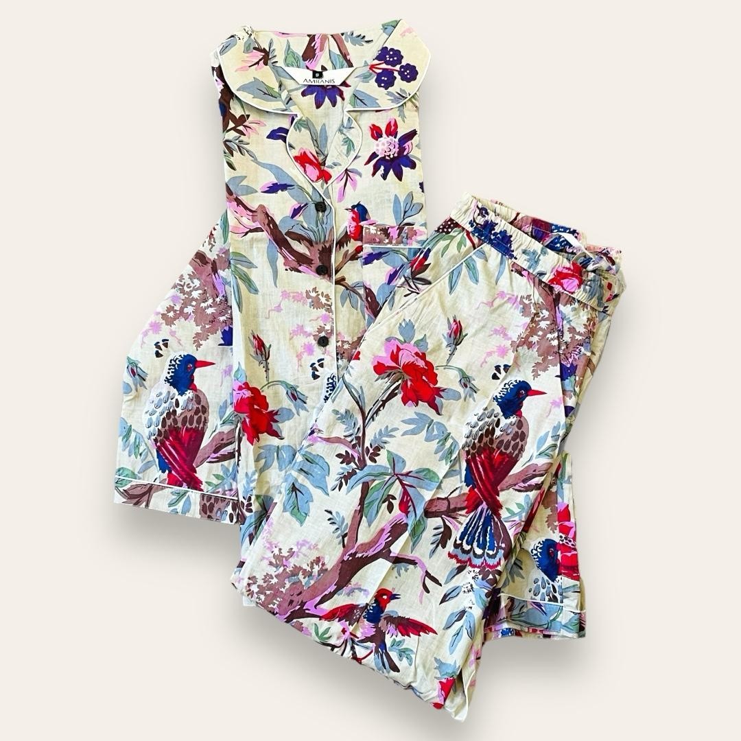 Women\'s Cotton Pajama Set – Floral Bird Print Button Down Top Pants, Cotton PJ\'s