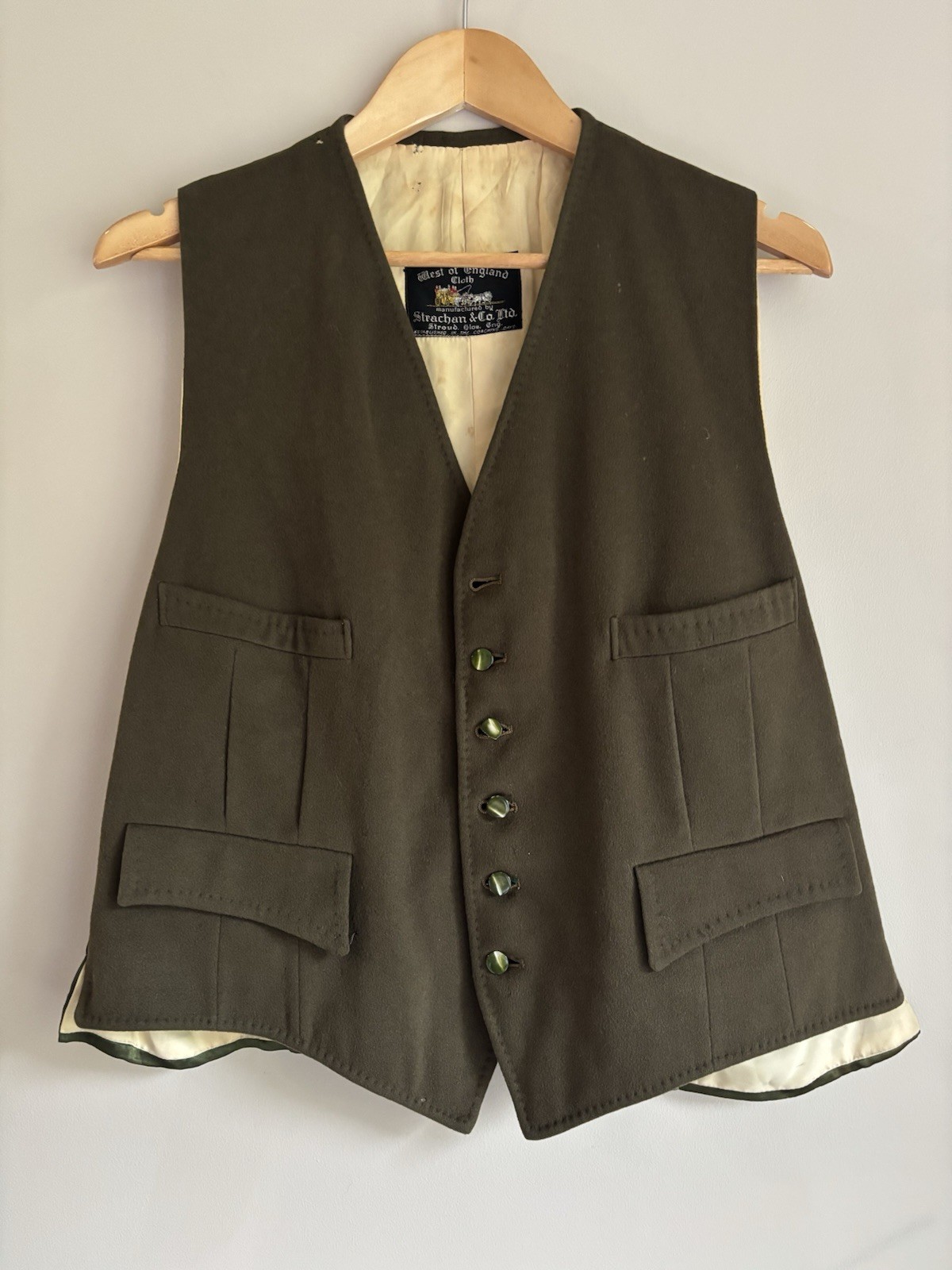 Vintage West Of England Strachan & Co Doeskin Wool Waistcoat Vest Olive Green 42