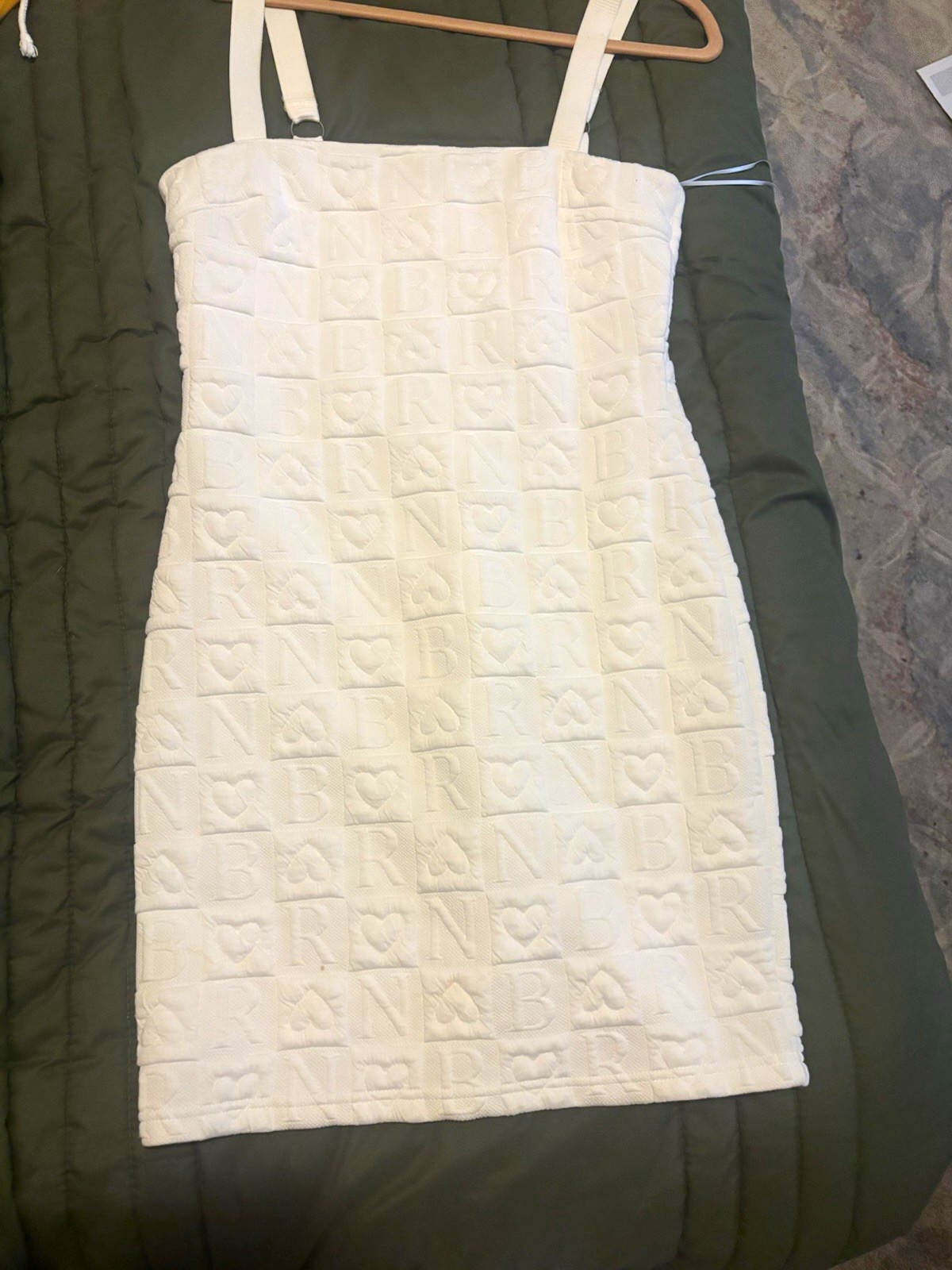 White Cotton Terry Bodycon Mini Dress Square Neck Logo Straps Size L