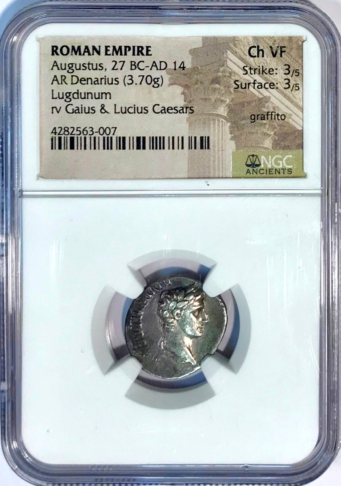 27 BC-14 AD Augustus Ancient Roman Silver Denarius Coin Lugdunum NGC Choice VF
