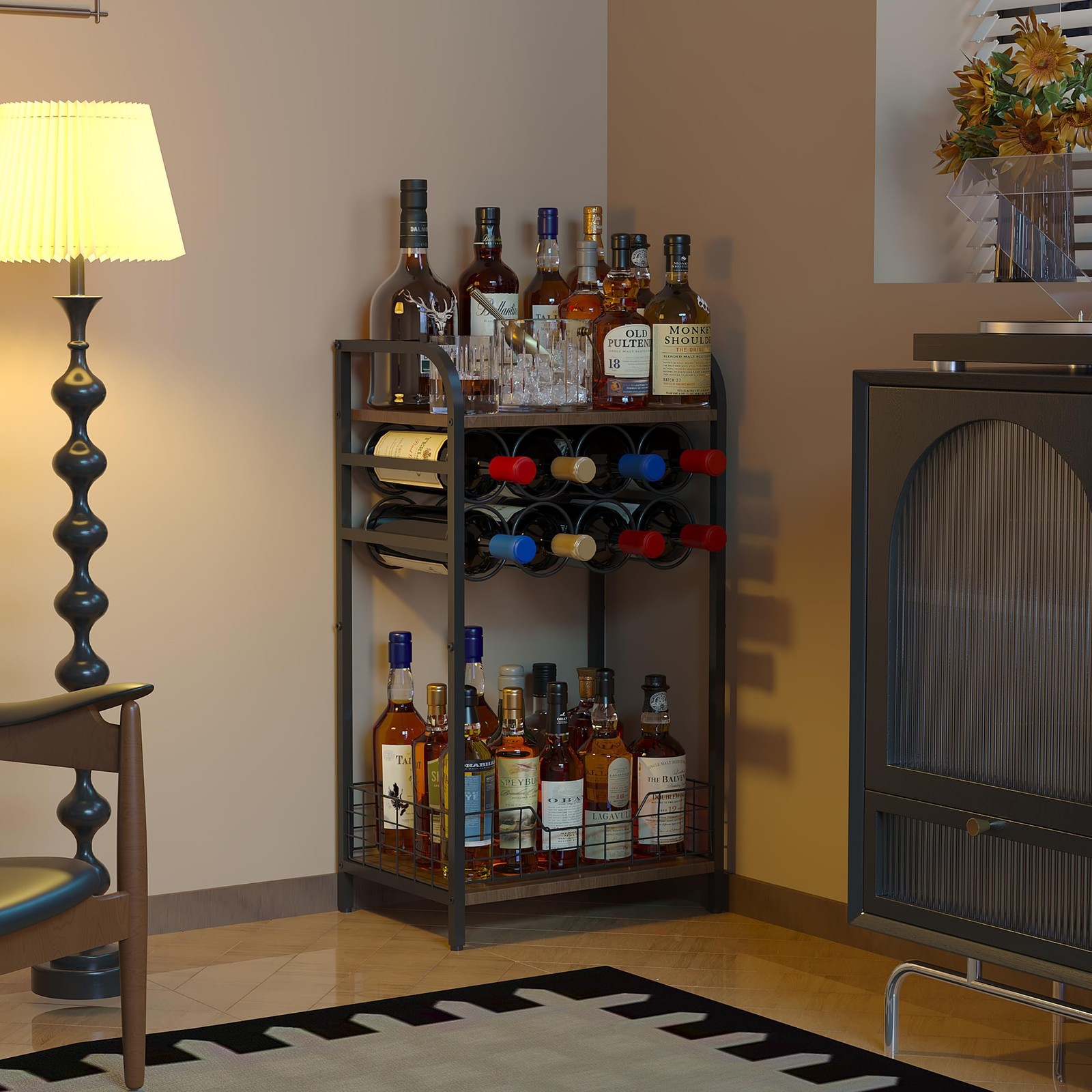 3-Tier Wine Rack Freestanding Floor Corner Bar Cabinet Wood Black Frame 12