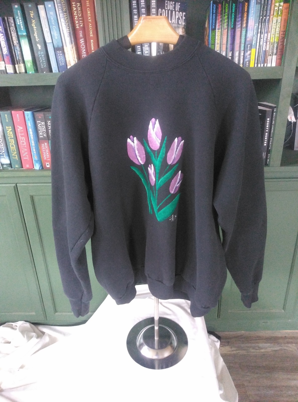 Vintage Grandma Cottagecore Sweatshirt Black XL Tulips Floral Sparkly
