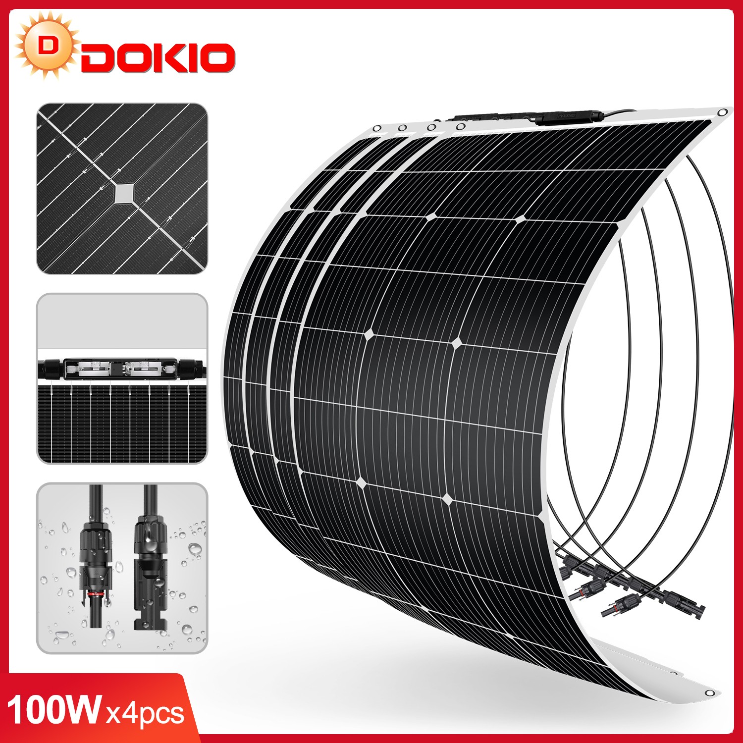 DOKIO 400w(4x100w) 18V Mono Semi-Flexible ETFE Lightweight Solar Panel for Shed DOKIO 400w(4x100w) 18V Mono Semi-Flexible ETFE Lightweight Solar Panel for Shed