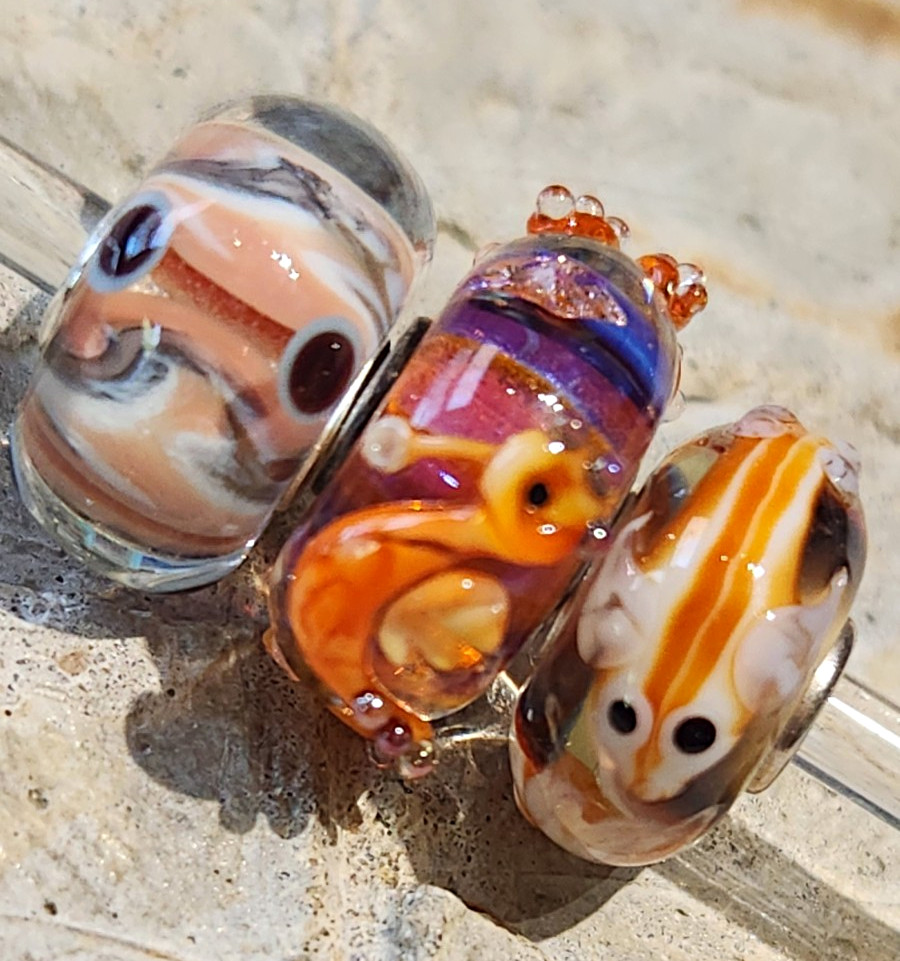 2 Trollbeads And One Designer Lampwork Sea theme Glass Beads
