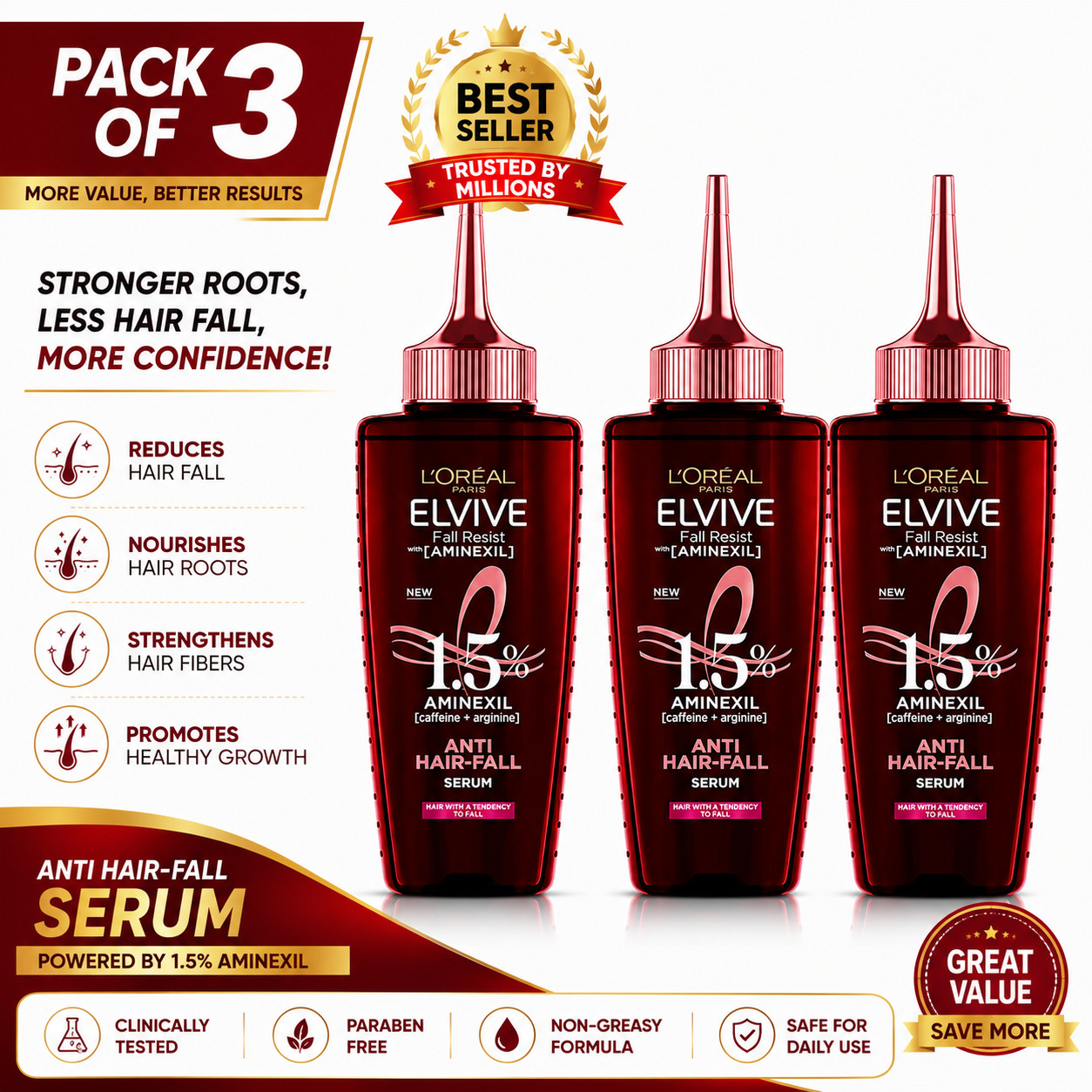 3x L'Oréal Fall Resist Serum 102Ml with Aminexil, Reduces Hair Fall | 