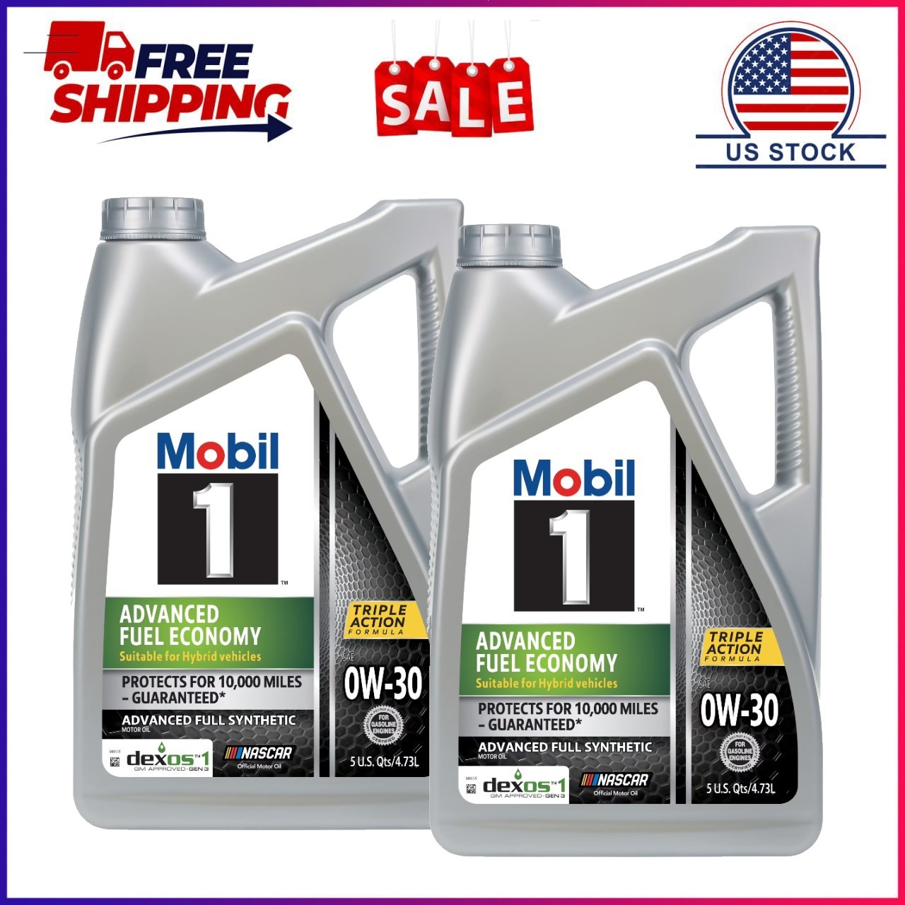 2 Pack, Mobil 1 Advanced Fuel Economy Full Synthetic Motor Oil 0W-30, 5 Quart