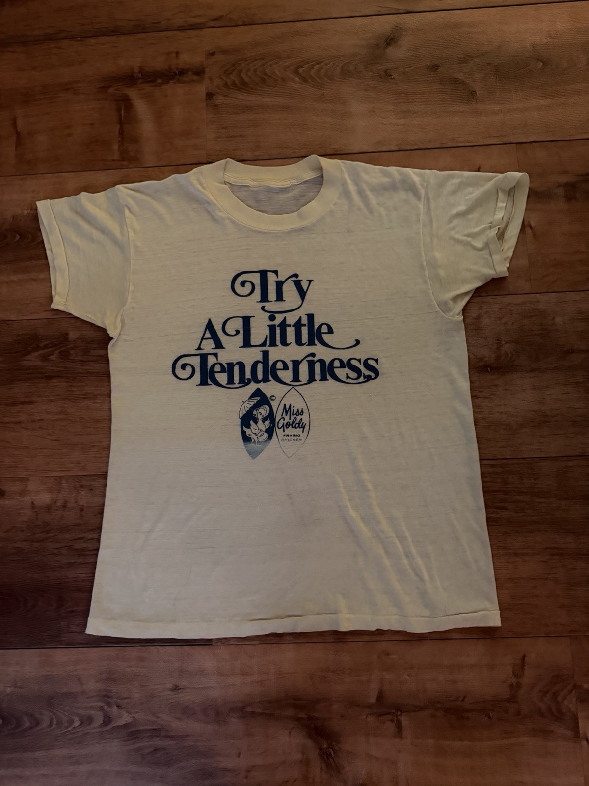 Vintage 70’s Miss Goldys Fried Chicken Size M NJ Soft Emo Shirt 19 X 26 Vintage 70’s Miss Goldys Fried Chicken Size M NJ Soft Emo Shirt 19 X 26