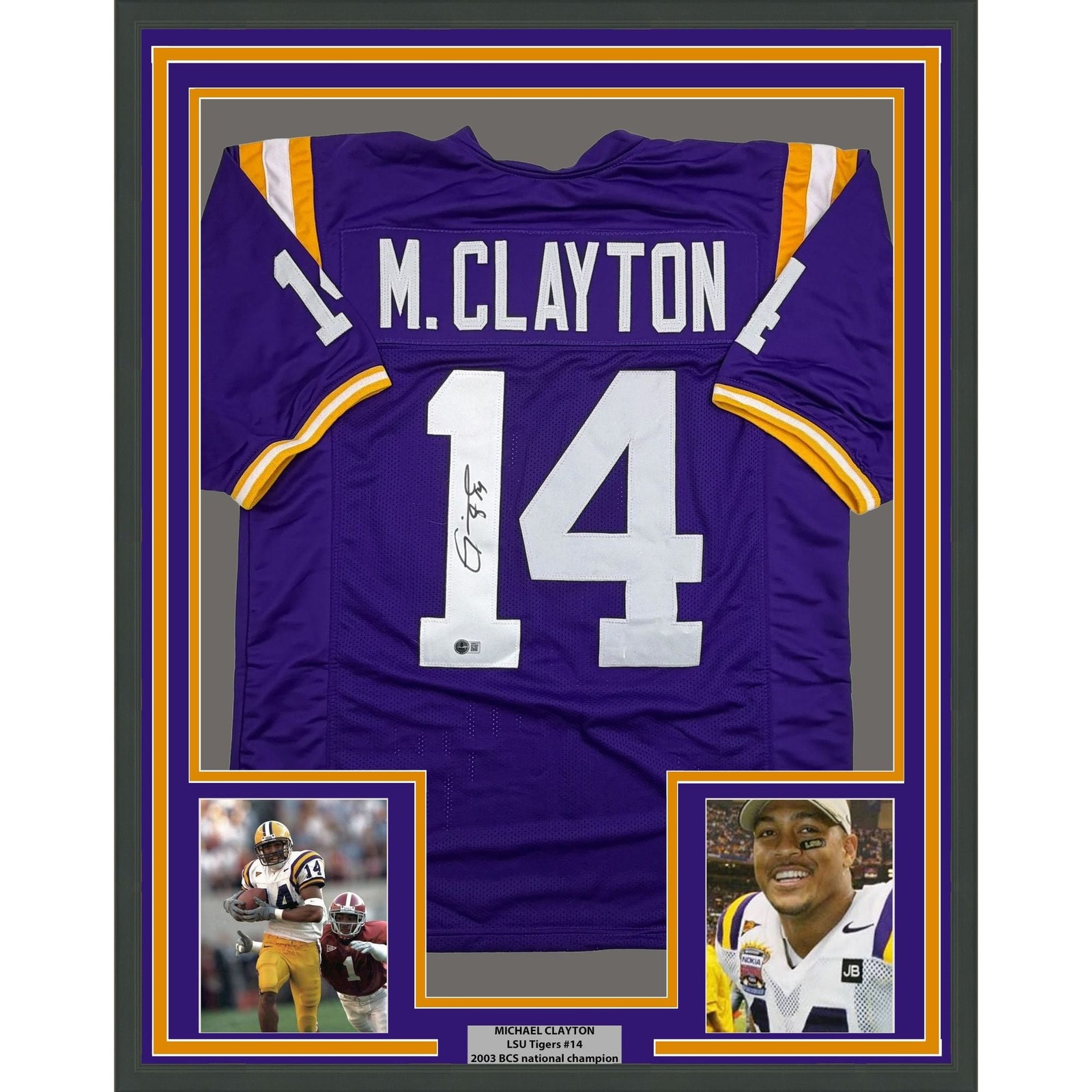 Framed Autographed/Signed Michael Clayton LSU 35x39 Purple Jersey JSA COA Framed Autographed/Signed Michael Clayton LSU 35x39 Purple Jersey JSA COA