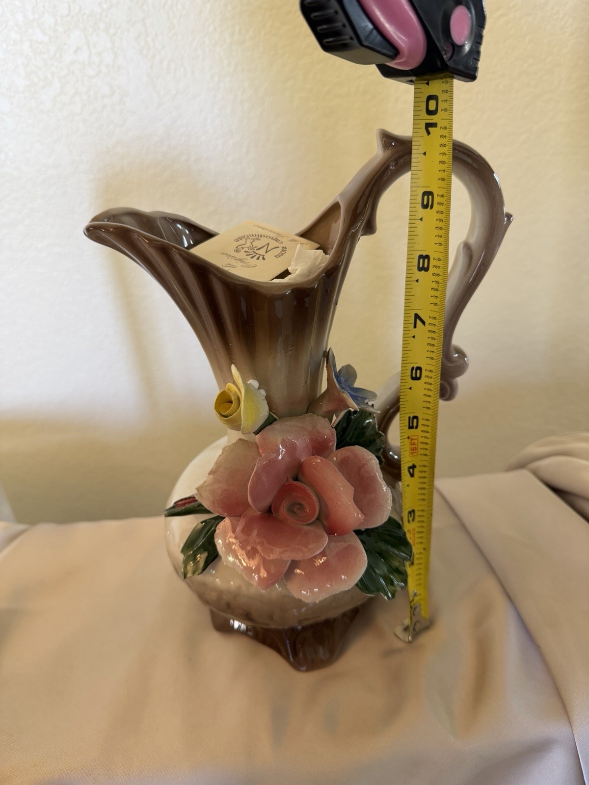 New Vintage Nuova Capodimonte Italy Porcelain Flower Pitcher Vase High-Relief