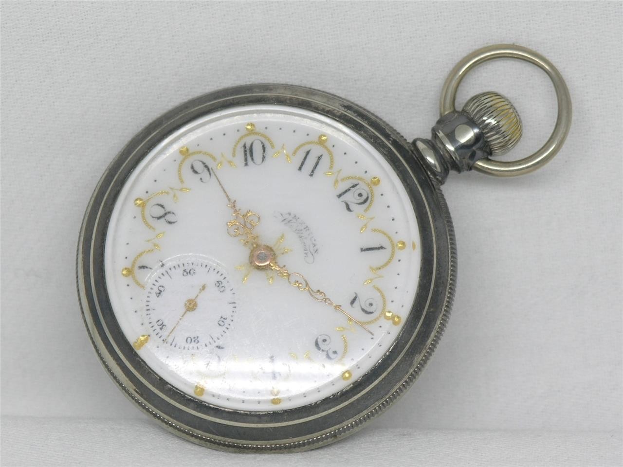 ANTIQUE 16S WALTHAM 1888 GOLD FOIL FANCY DIAL SILVER CASED POCKETWATCH, SERVICED