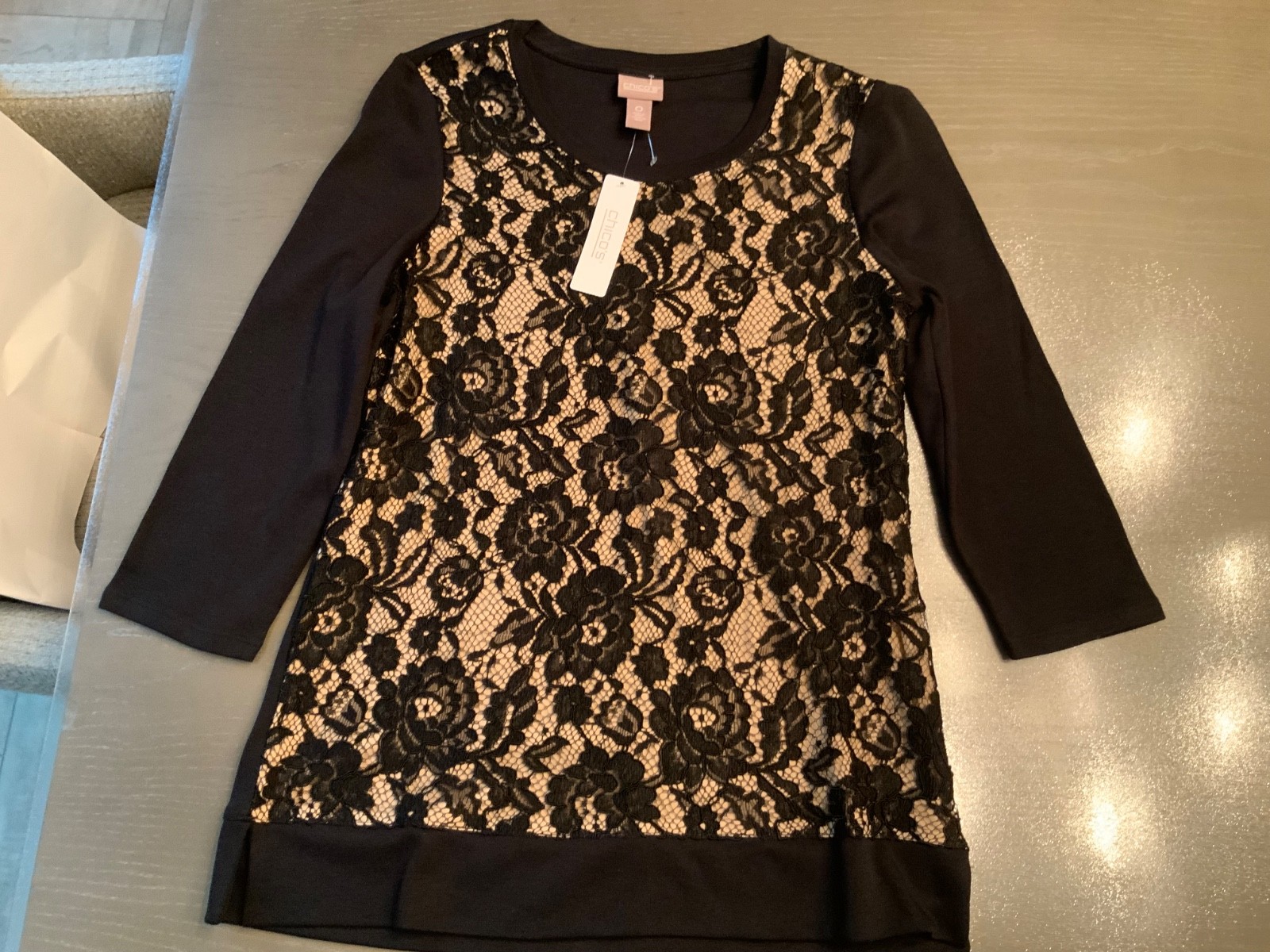 NWT Chico’s Women’s Black  Lace Lined Top Tunic Size 0