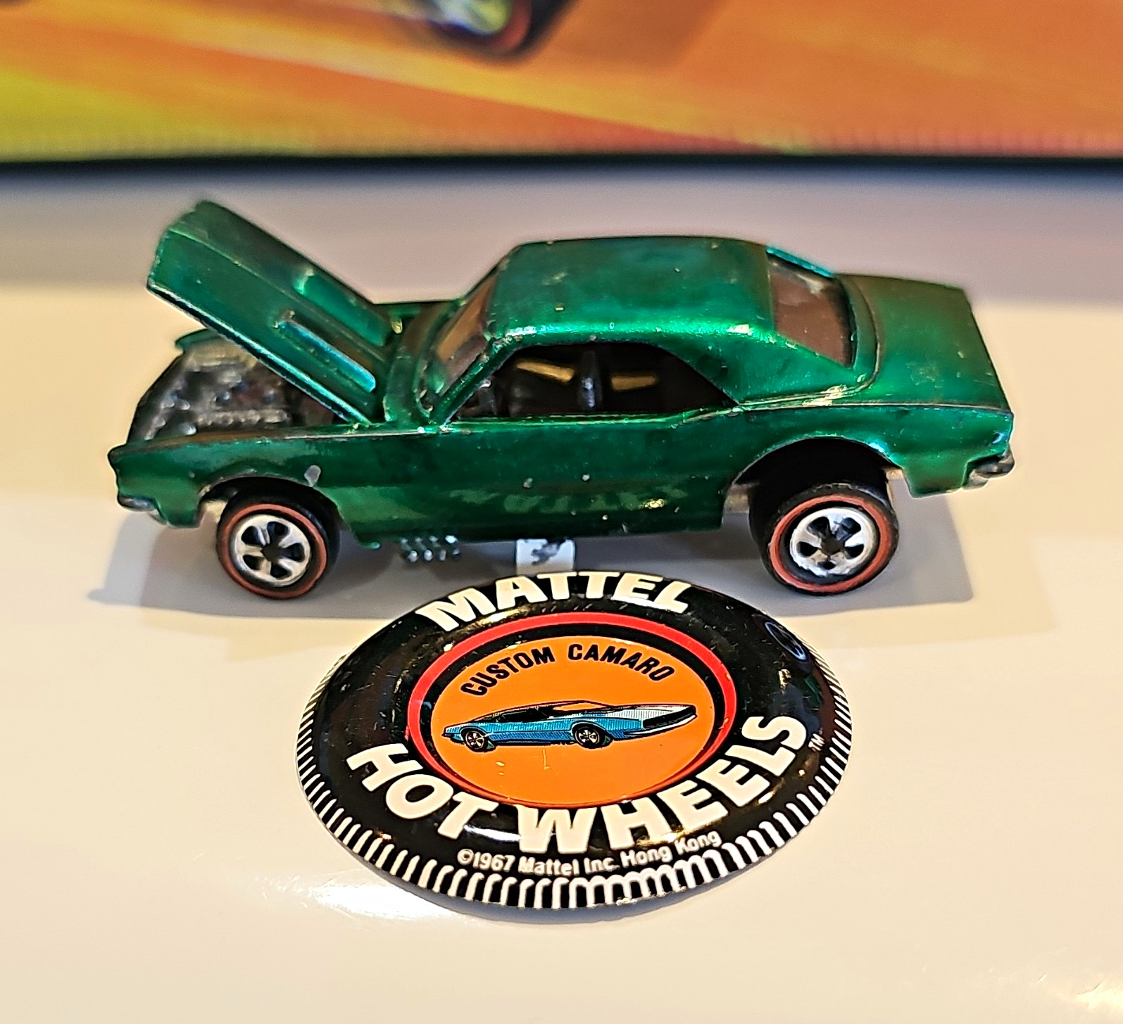 Vintage 1968 Hot Wheels Redline Custom Camaro Green USA Black Interior W/ Button Vintage 1968 Hot Wheels Redline Custom Camaro Green USA Black Interior W/ Button
