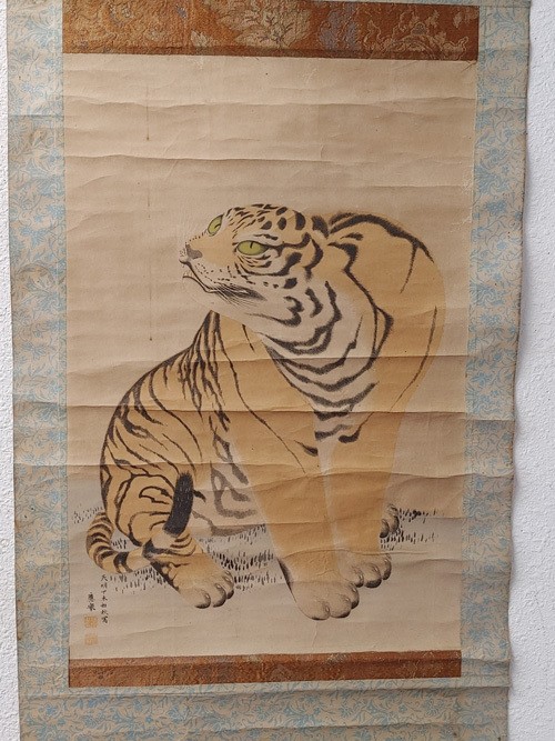 Japanese Hanging Scroll Edo Period 1787 Tiger Painting Okyo Kakejiku Antique