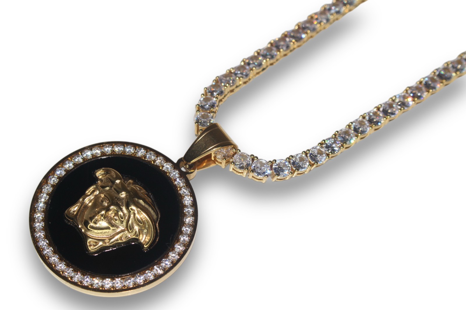 MEDUSA Medallion Pendant 4mm Tennis Chain Necklace 74ct Lab Sim Diamond Gold