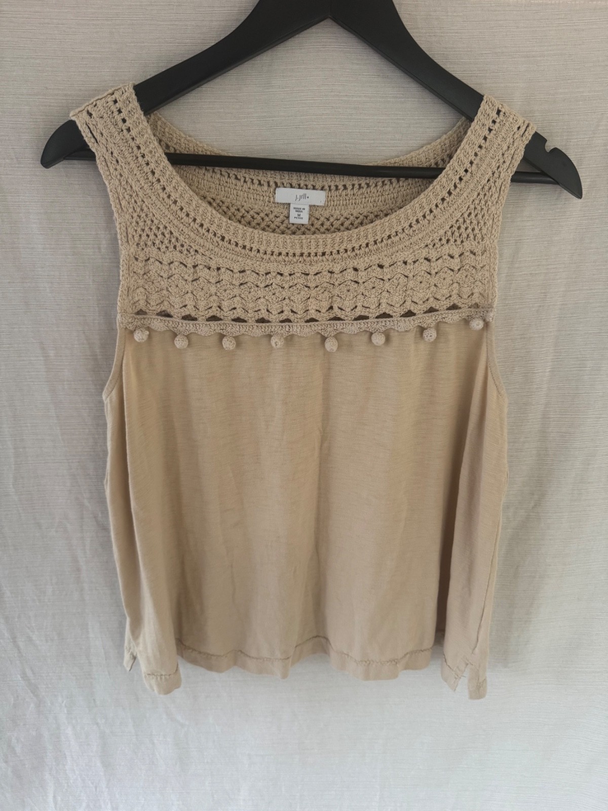 J Jill Tan Crochet Yoke Pom Pom Tank Top MP Medium Petite Boho Coastal 